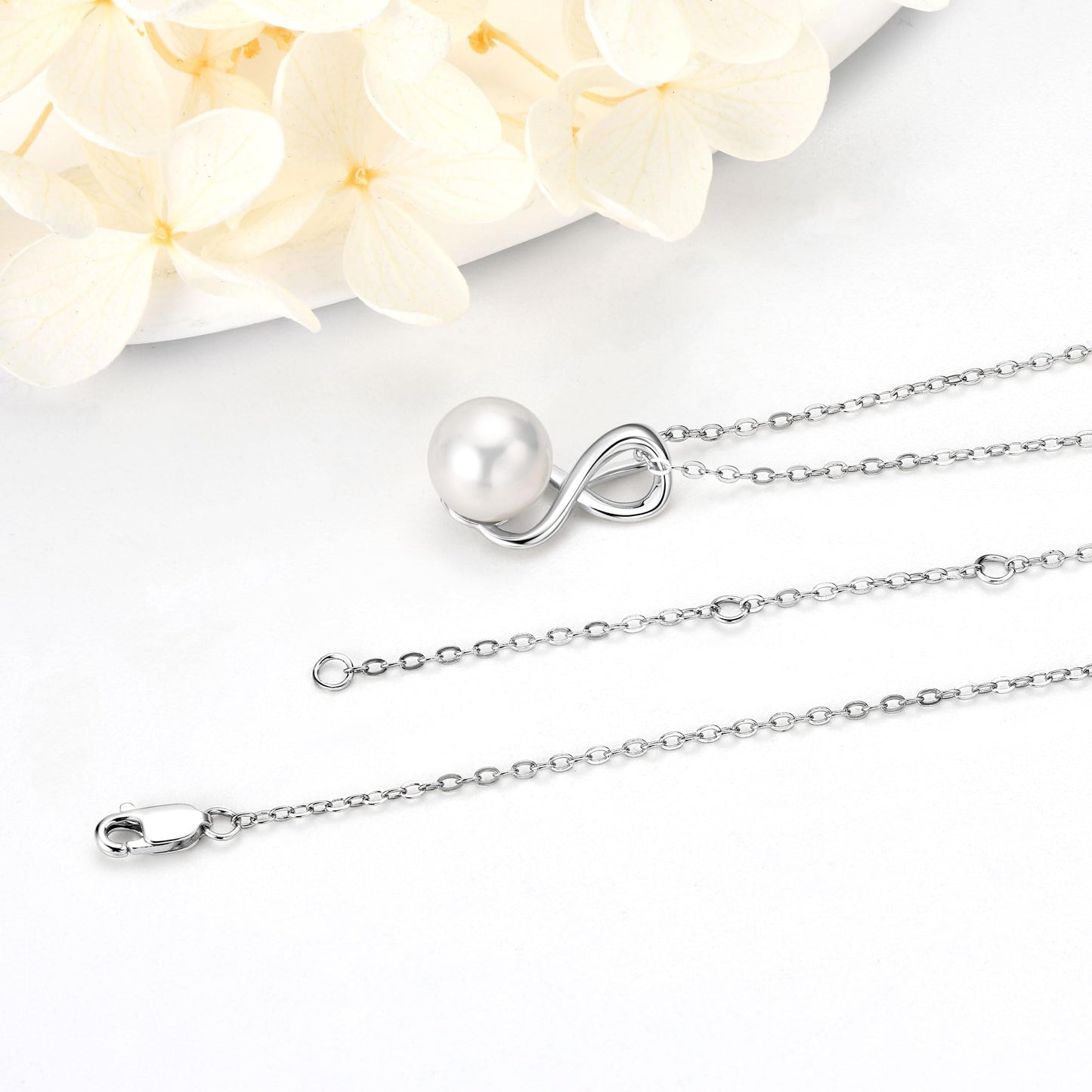 DENGGUANG Sterling Silver Infinity Pearl Necklaces for Women, Freshwater Cultured White Pearl Pendant Necklace Wedding Jewelry Gifts for Bride Bridesmaid