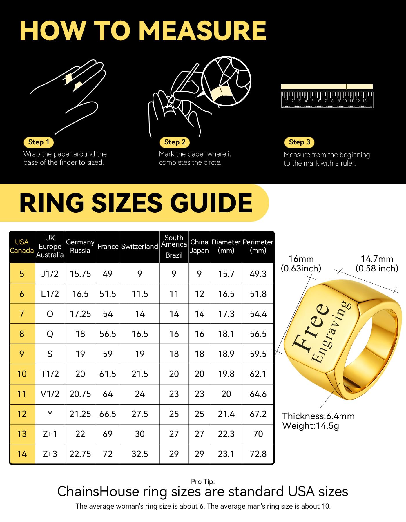 ChainsHouse Personalized Signet Biker Rings Solid Polished 18K Gold Ring for Men, Size 13
