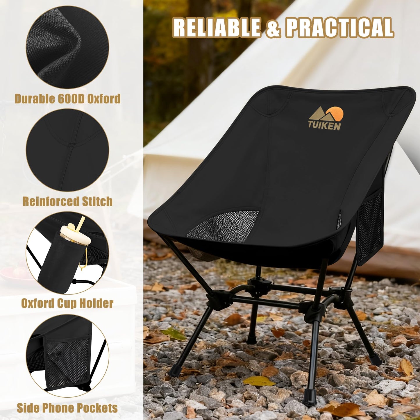 TUIKEN Ultralight Camping Chair Backpacking Chair, Portable Camp Chair with Cup Holder & Storage Bag, Lightweight Compact Folding Chair for Hiking, Travel, Picnic Mountaineering（Deep Black）