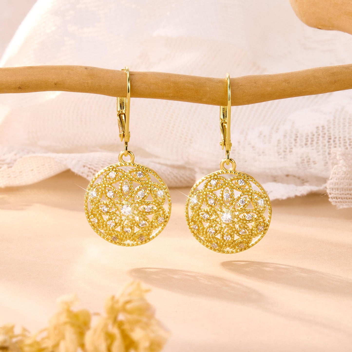 LANCHARMED Gold Earrings for Women - Diamond Cubic Zirconia Circle Drop Dangle Earrings 14K Gold Dangle Earring Hypoallergenic Leverback Circle Filigree Diamond Earings for Women Jewelry Gifts