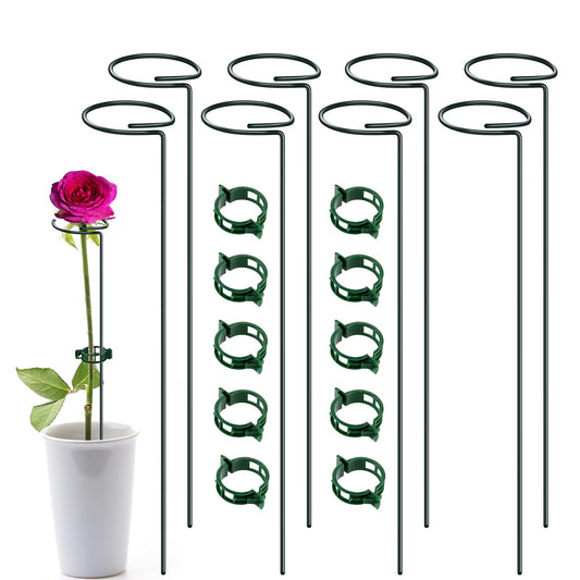XYCING Green Metal Plant Support Stakes with Rings (Pack of 8) and 10 Plant Clips - Garden Single Stem Support Rod Set for Amaryllis, Rose, Tomato Seedling, Sapling