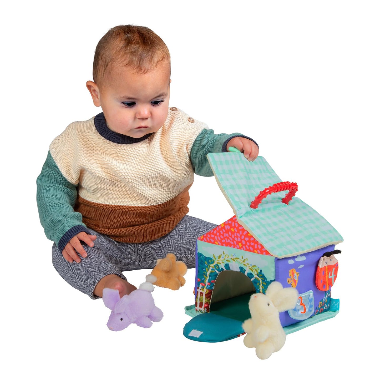Manhattan Toy Cottontail Cottage Fill and Spill Baby and Toddler Sensory Activity Toy with 3 Stuffed Animal Bunny Rattles