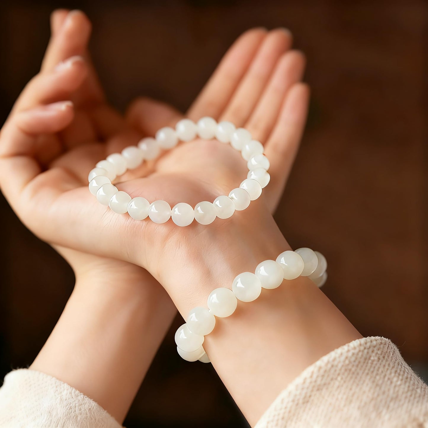 Cryhand White Jade Bracelets For Men Protection Healing Crystal Bracelet For Women Spiritual Charms Stretchy 8mm Beaded Lucky Handmade Anxiety Braceletss