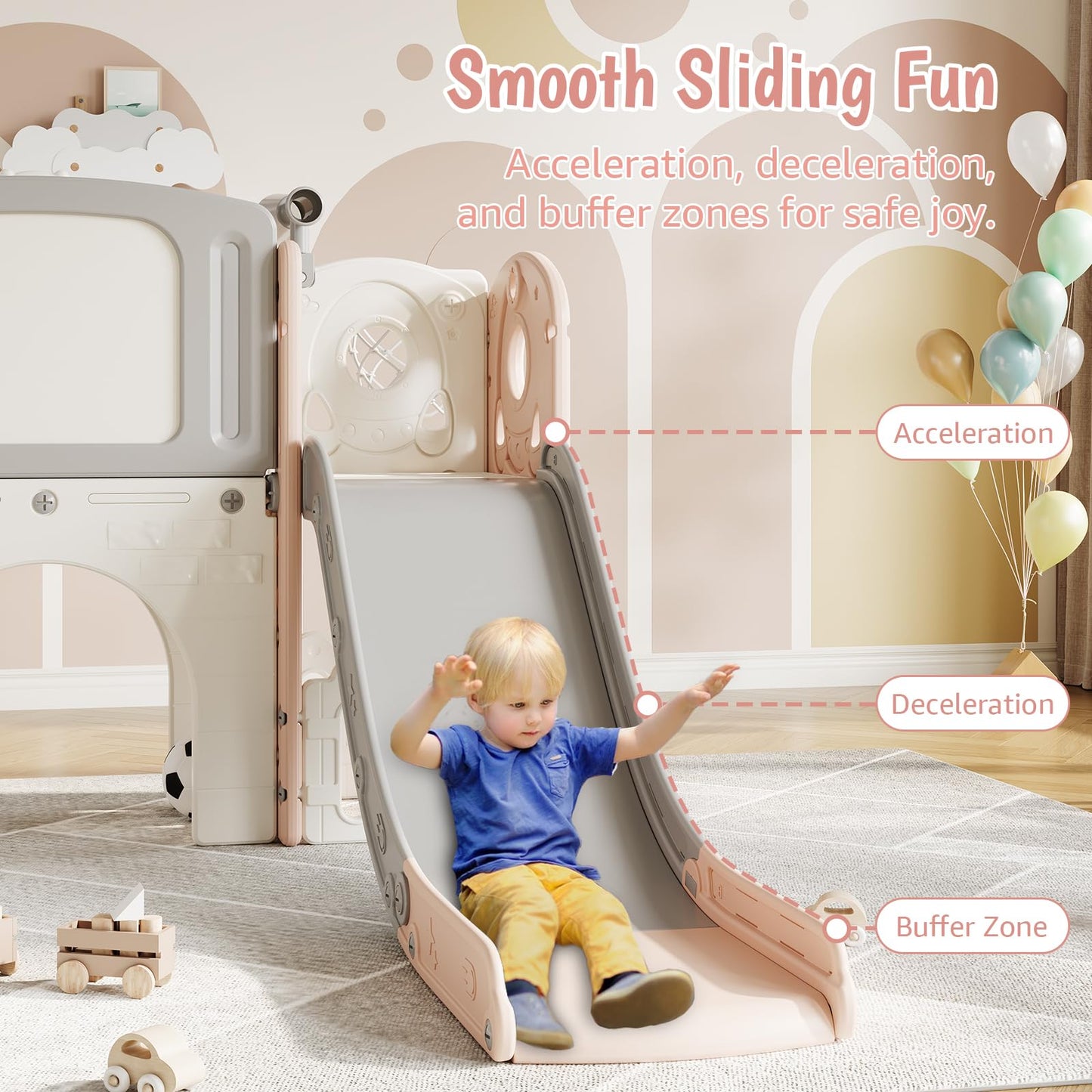 8-in-1 Toddler Slide Set with Climbing Ladder, Tunnel, Telescope & Basketball Hoop, Indoor Outdoor Playground Climber with Drawing Board & Storage, Kids Play Toy for Toddlers Age 1-3,Light Pink