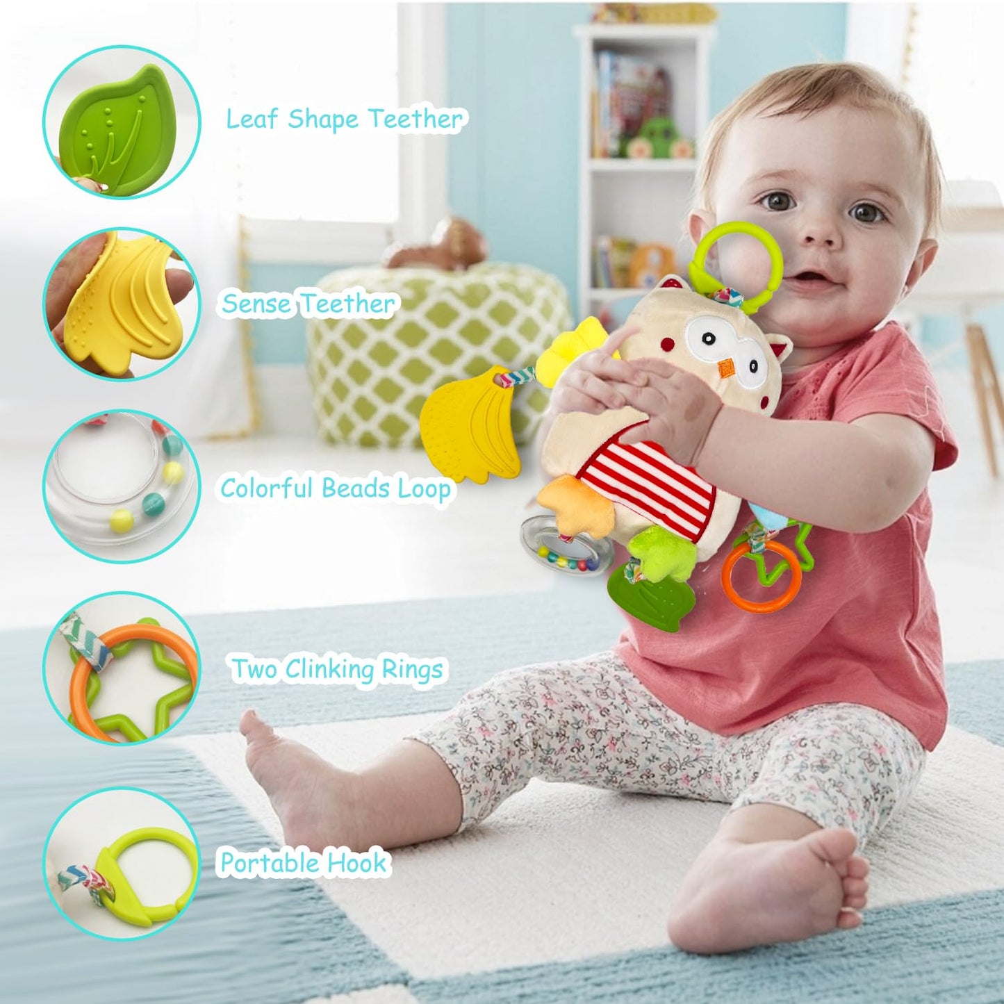 Cylazo Baby Hanging Toys, Plush Animal Stuffed Sensory Toys for Carseat Stroller Car Seat Crib Play Gym, Baby Toys for 0 3 6 9 12 Months, Baby Boys and Girls Gift (Owl)