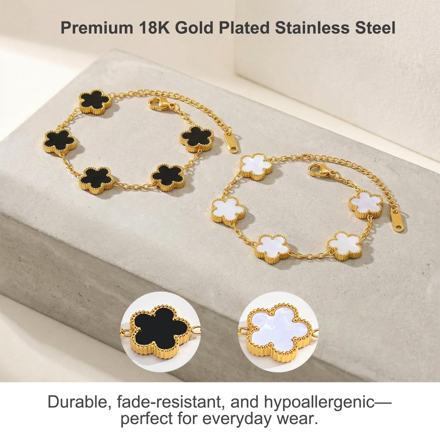 Eclatienne Four Leaf Clover Bracelet Set for Women – 2PCS Black & White 18K Gold Plated Lucky Flower Charm Bracelets, Adjustable Stainless Steel Gold Charm Bracelet Jewelry Gift