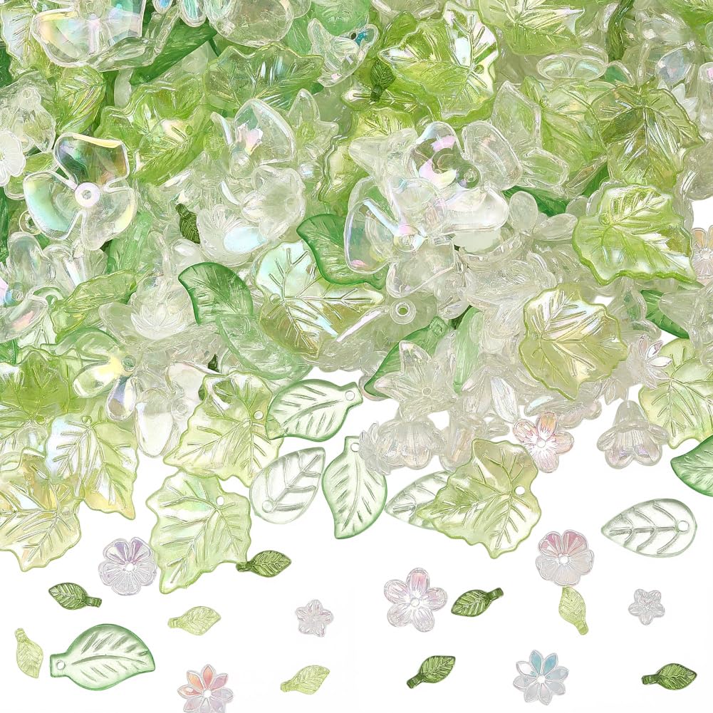 SUNNYCLUE 1 Box 460Pcs Transparent Acrylic Flower Beads Green Leaves Beads Kit Plastic Pink White Assorted Spring Cherries Blossom Caps Loose Spacer for Jewelry Making Necklace Charms Craft Supplies