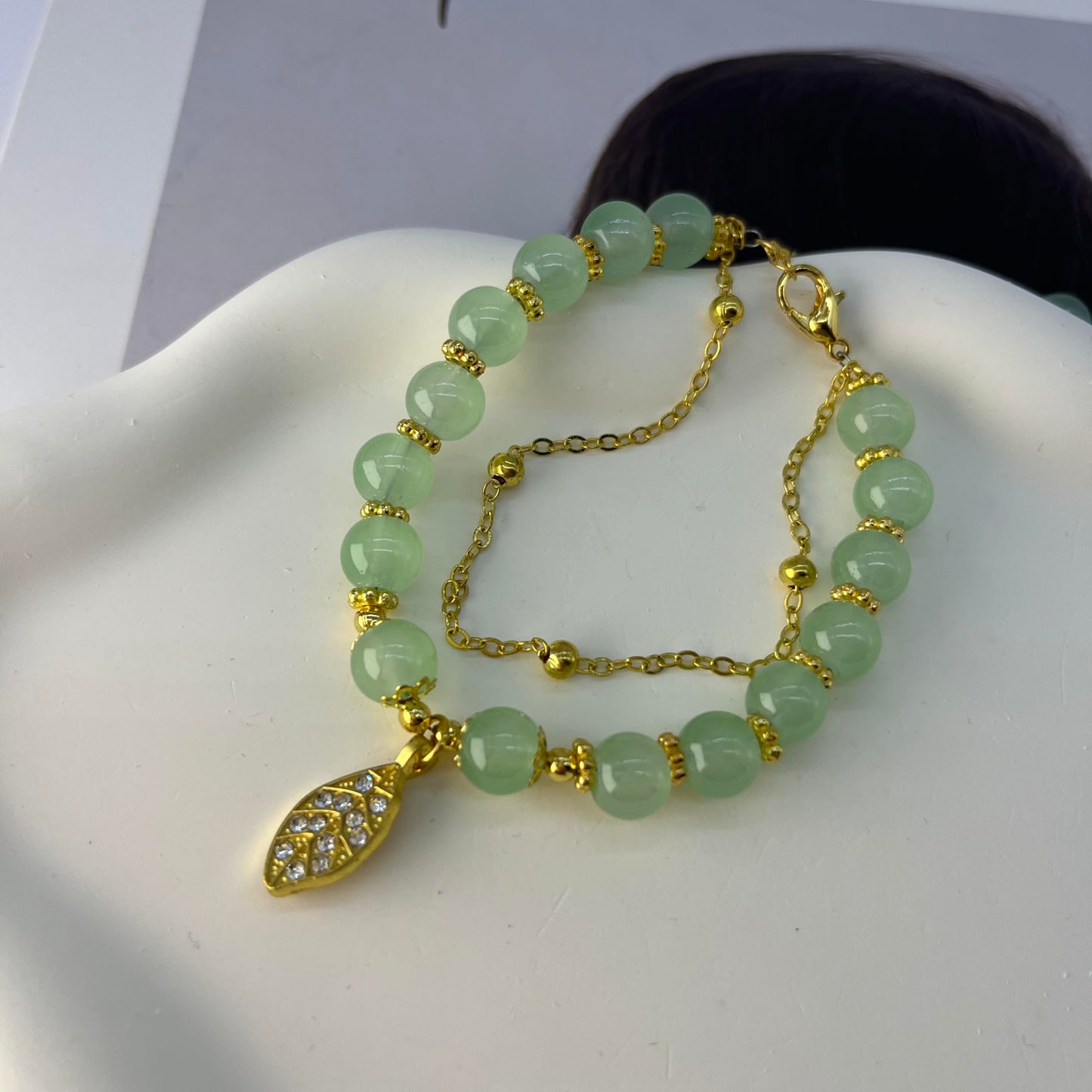 Progresssail Hetian Jade Bracelet for Women Double Layer Green Beaded Monstera Palm Leaf Bracelet Adjustable Classic Bracelet with Zircon Leaf Charm Ladies Jewelry
