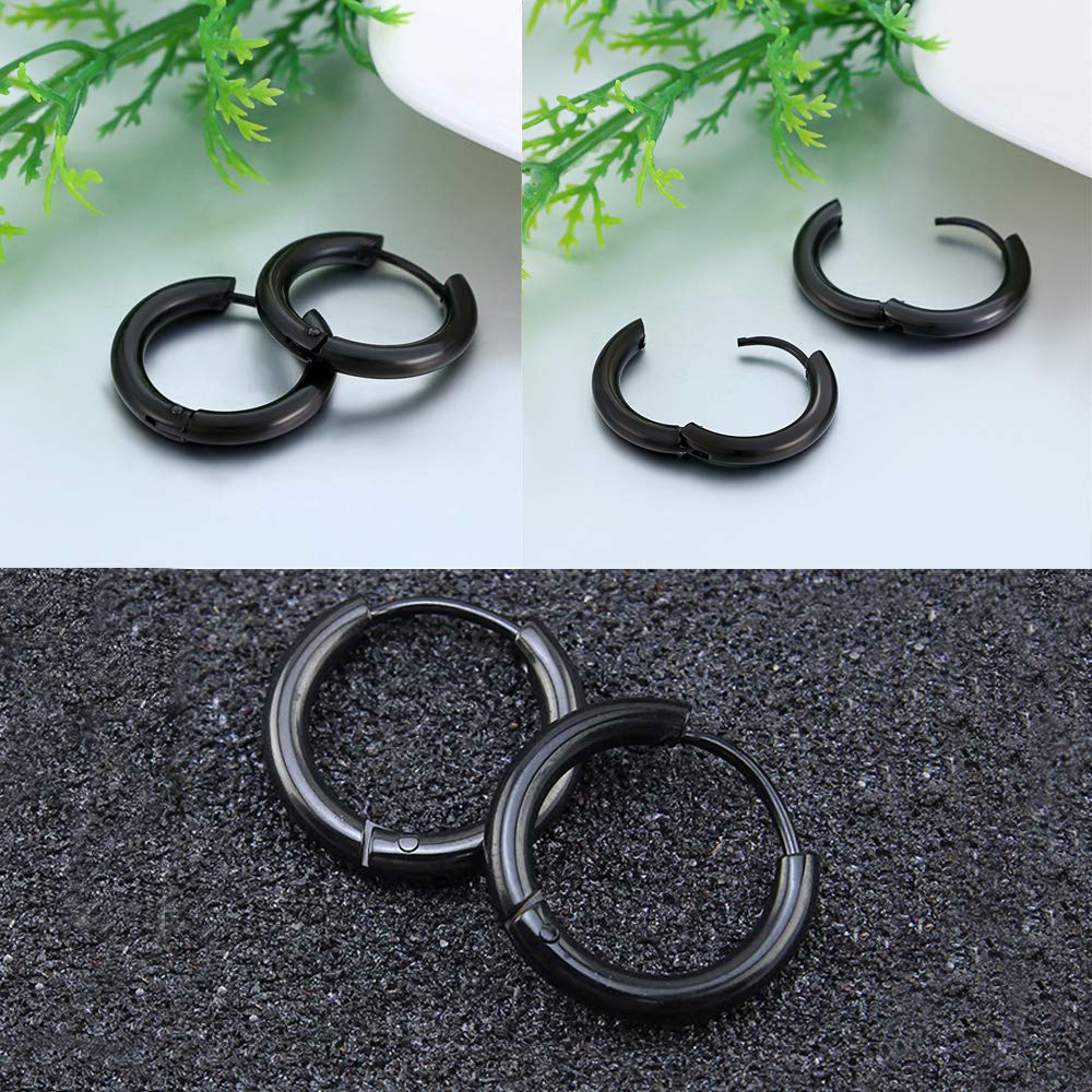 316L Surgical Stainless Steel Huggie Hoop Earrings 14mm Black Hypoallergenic Earrings Hoop Cartilage Helix Lobes Hinged Sleeper Earrings For Men Women(F03:14mm Black(THK 2.0mm))