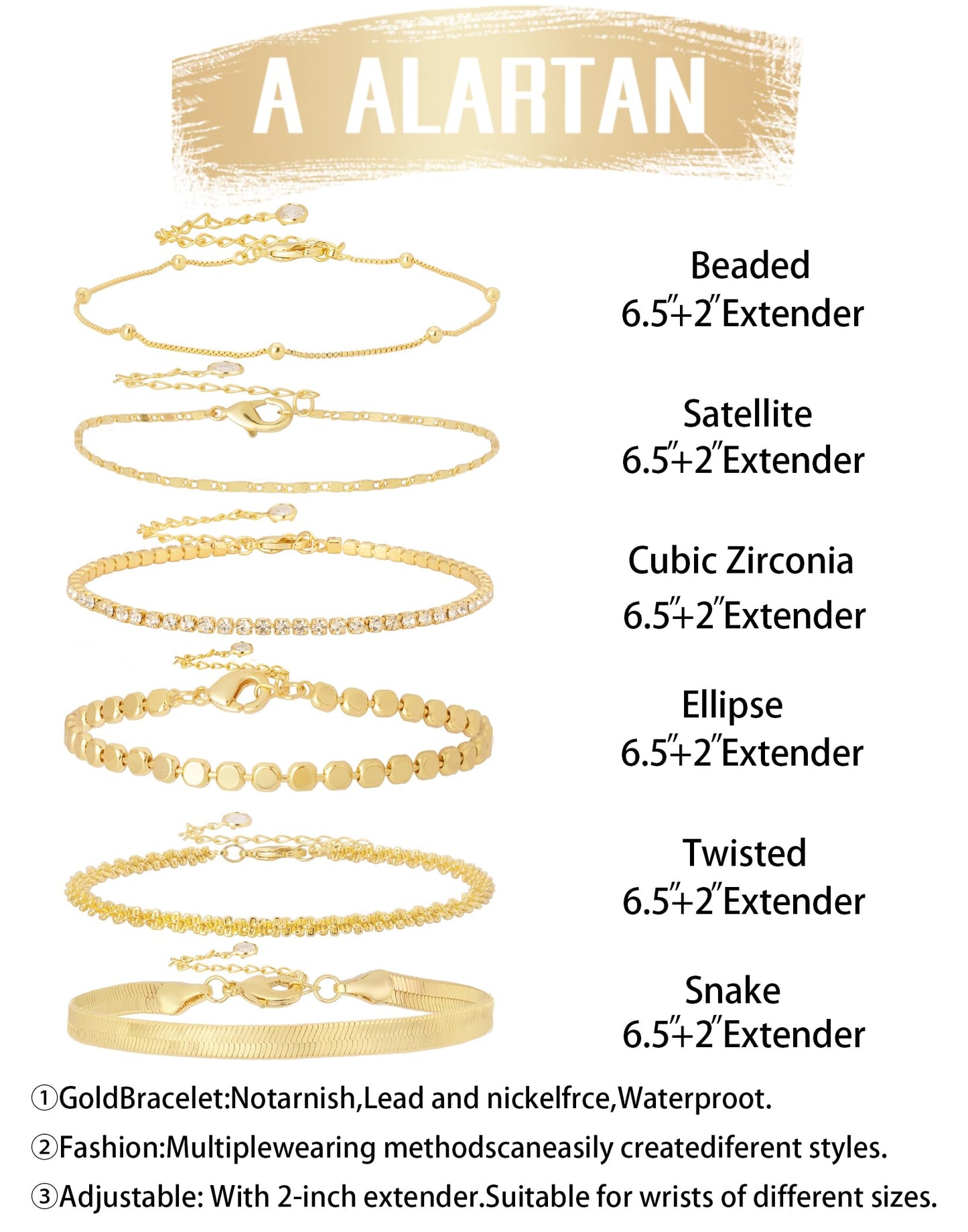 Gold Bracelets for Women 14K Gold Plated Stack Trend Bracelets Charm Paperclip Chain Cuban Link Layered Waterproof Bracelet Dainty Bracelet for Women Jewelry Gifts (Gold 6Pcs)