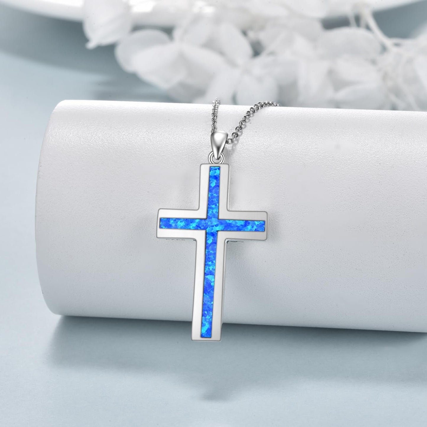 YFN Blue Opal Cross Necklace Sterling Silver Cross Pendant Religious Jewelry Gifts for Women Men