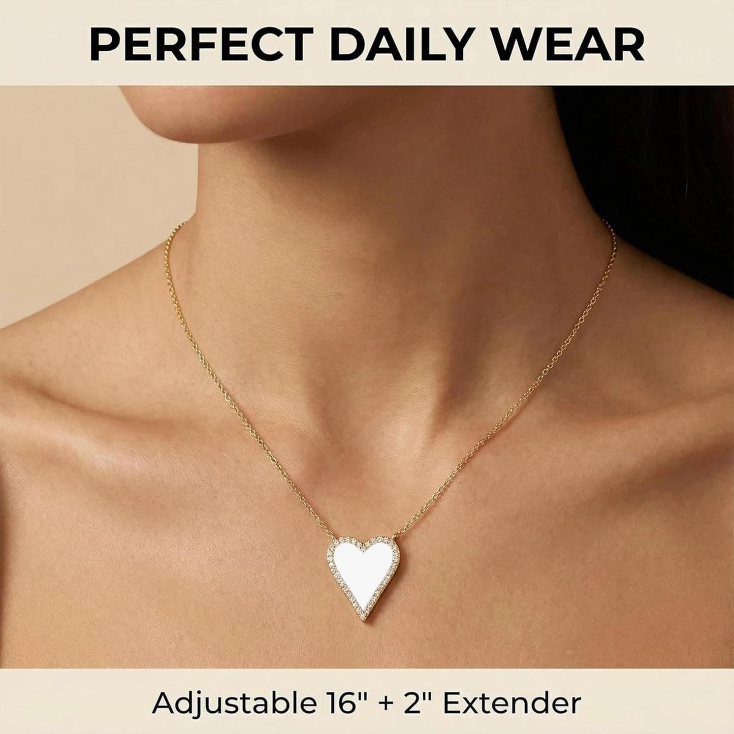 JINGDR Women's Heart Necklace, Preppy Dainty Paperclip Chain, Gold Plated, Love Heart Pendant, White, 16 inches