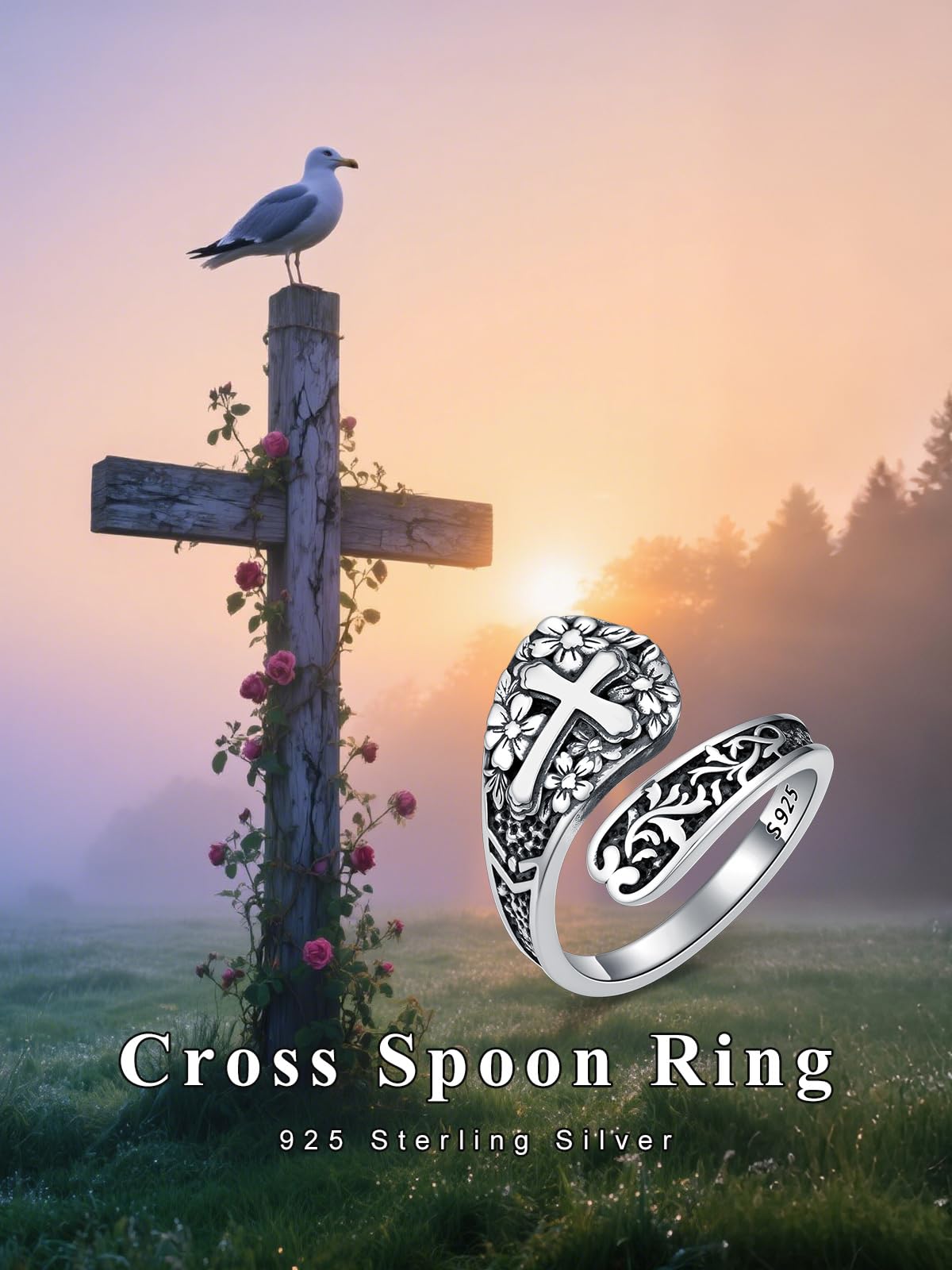 Midari Spoon Rings for Women 925 Sterling Silver Cross Flower Rings Adjustable Oxidized Vintage Flower Faith Finger Thumb Rings Cross Flower Faith Jewelry for Women Daughter Birthday Christmas Gifts