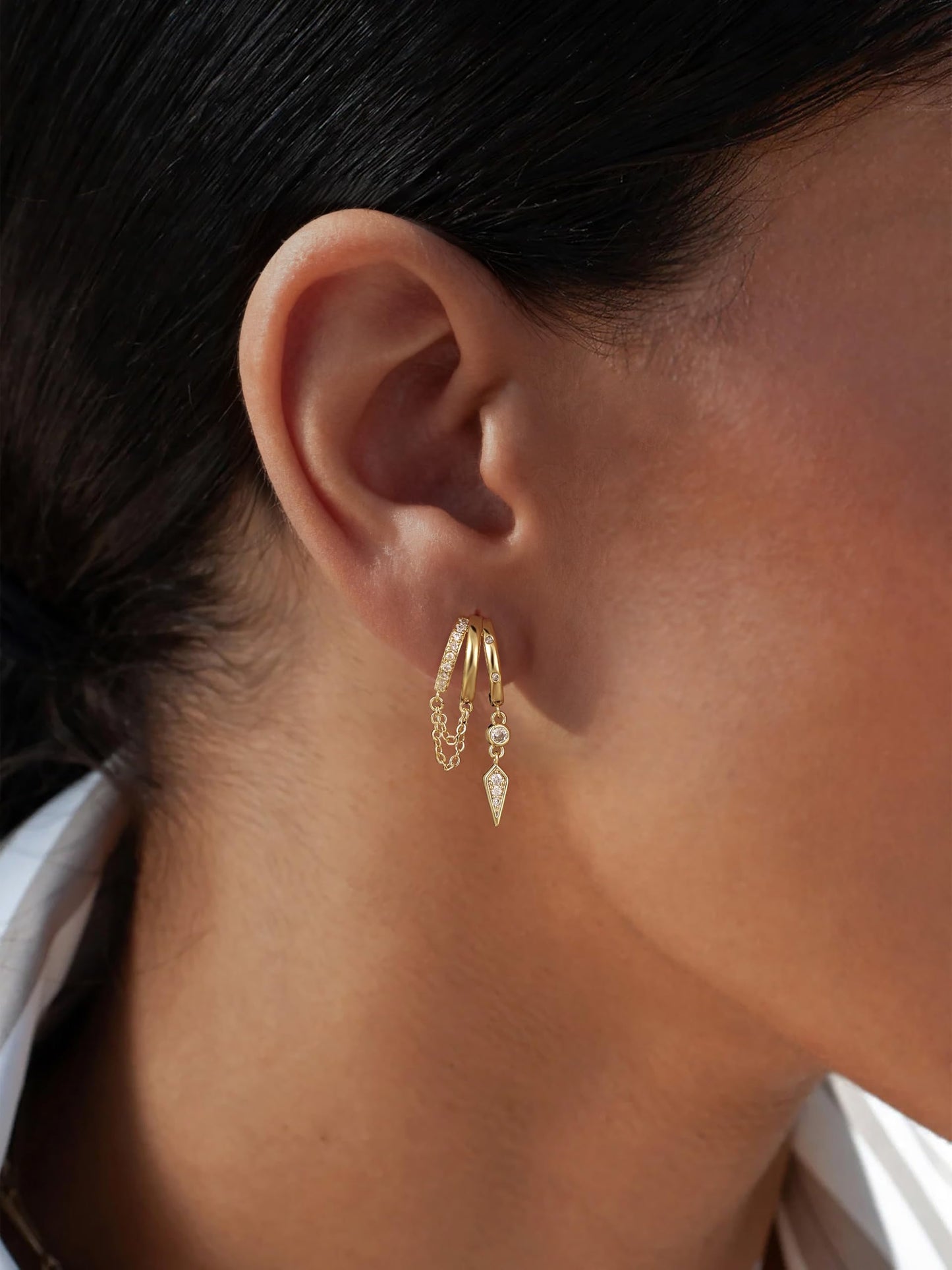Freekiss Gold 3 Hoop Illusion Huggie Earrings for Women, Dainty Dangle Drop Chain Stud Earrings with Zircon, 14K Gold Plated Hypoallergenic Women Jewelry Trendy