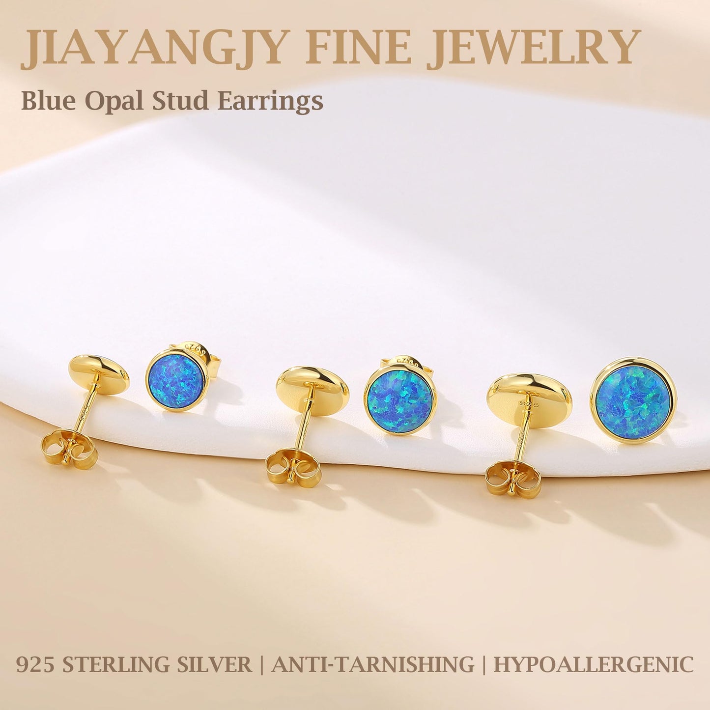 JiayangJY Silver Blue Fire Opal Stud Earrings for Women 18K Yellow Gold Plated Sterling Silver Round Shape 6mm Opal Earrings with Push Back