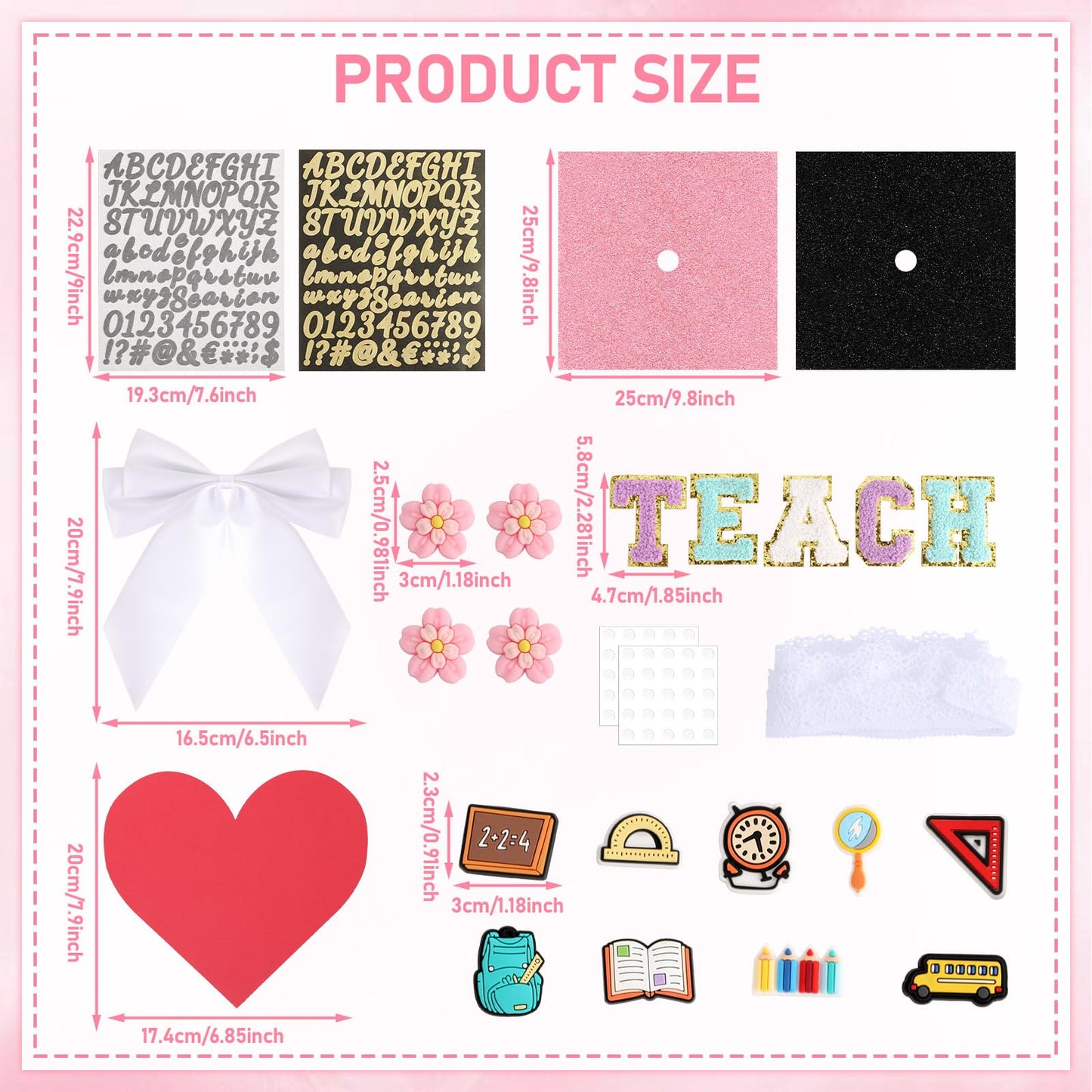 35 Pcs Teacher Theme DIY Graduation Cap Decorations White Lace Trim White Bows Heart Paper Cutouts Iron On Letters Patches Plastic Patches for DIY Hat Grad Cap Topper Graduation Party Supplies