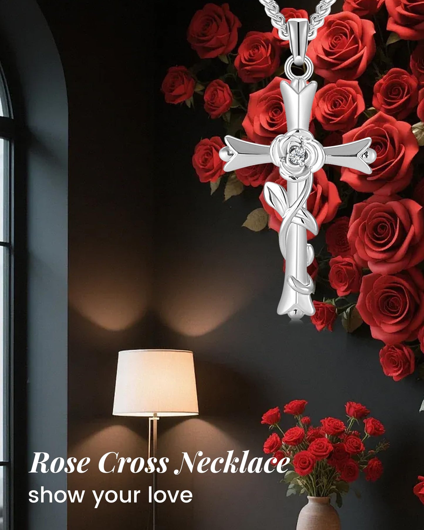 ACECHA Silver Cross Necklace for Women, Dainty Faith Cross Pendant Necklaces with Rose Jewelry for Mom Wife Daughter Sister | Gifts for Birthday Anniversary Christmas Easter(Rose-Romantic)