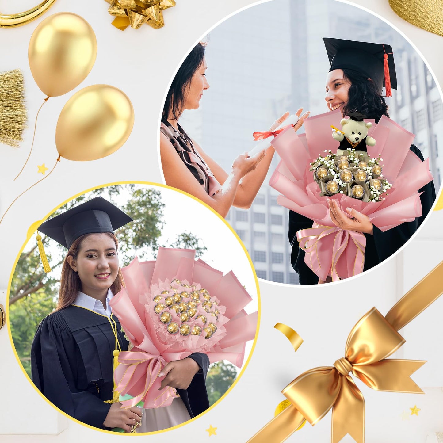 Funnymoom 71 Pcs DIY Chocolate Flower Bouquet Kit Graduation 2026 Candy Rose Clear Acrylic Lollipop Ball Holder Mother's Day Flower Wrapping Paper Ribbon Accessories Birthday Gift(Pink)