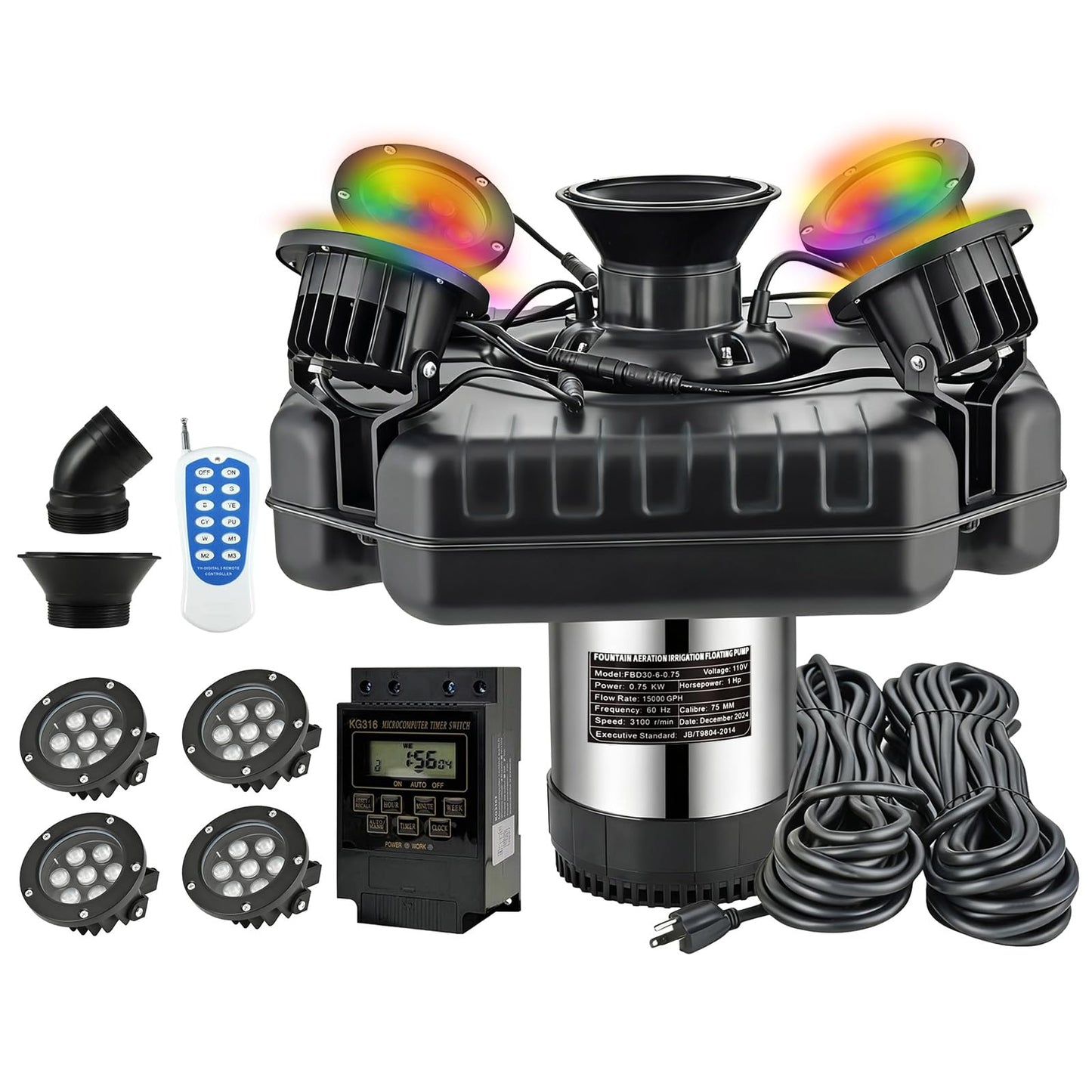 MEISHUNDA Pond Fountain Aerator,1HP 750W 110V Floating Pond Fountain Pump with Timer and 100FT Power Cord (4 LED Light, 1)