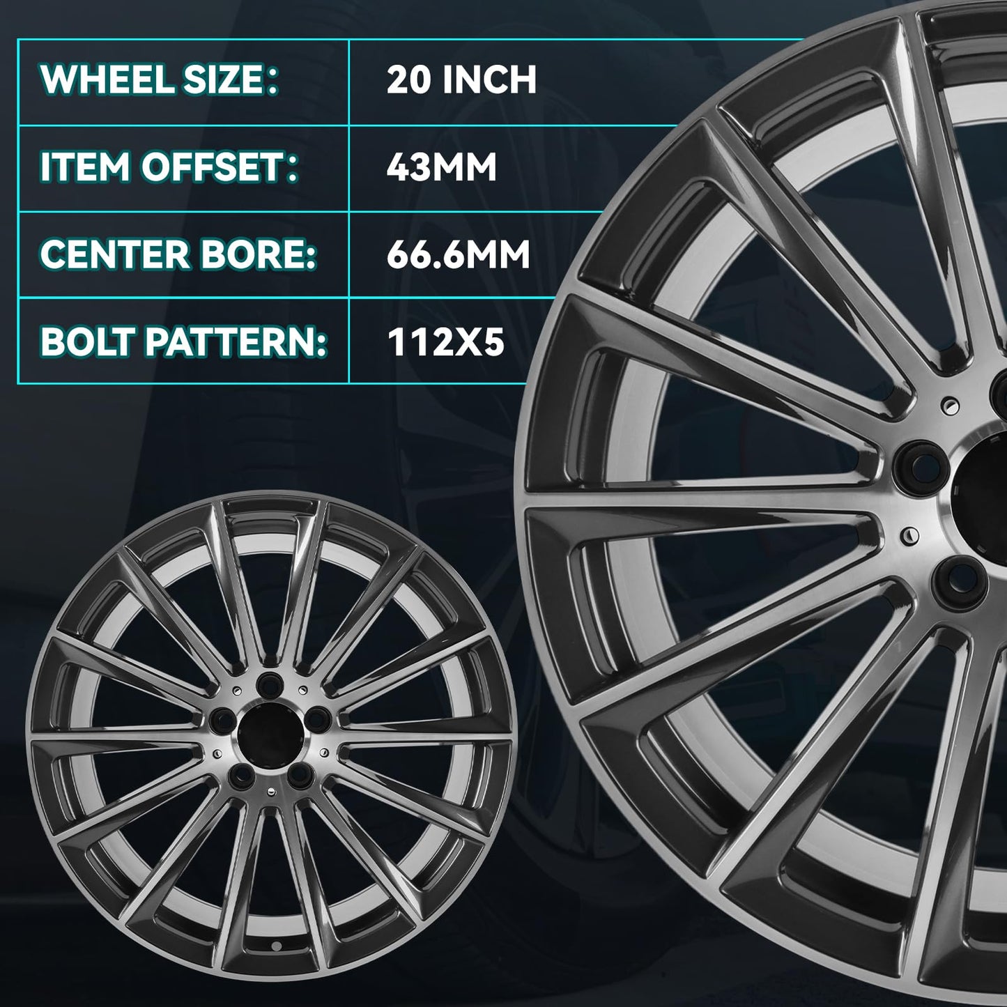 HOLUEKU 20Inch 20"x9.5" Rear Multispoke Premium Aluminum Alloy Wheel Rim Fits for Mercedes Benz S500 S550, Bolt Pattern-5x112mm, Offset-43mm, Hub Bore-66.6mm