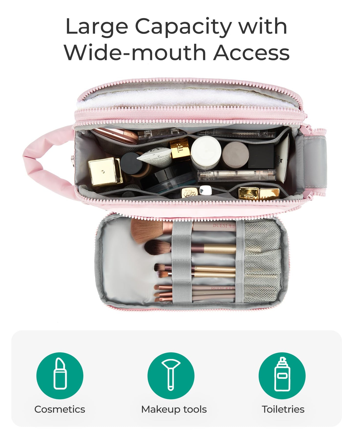 BAGSMART Travel Toiletry Bag for Women, Wide-open Makeup Bag Organizer, Puffy Make Up Case, Large Capacity Cosmetic Organizer for Women for Travel Essentials Toiletries Accessories (Nude Pink)