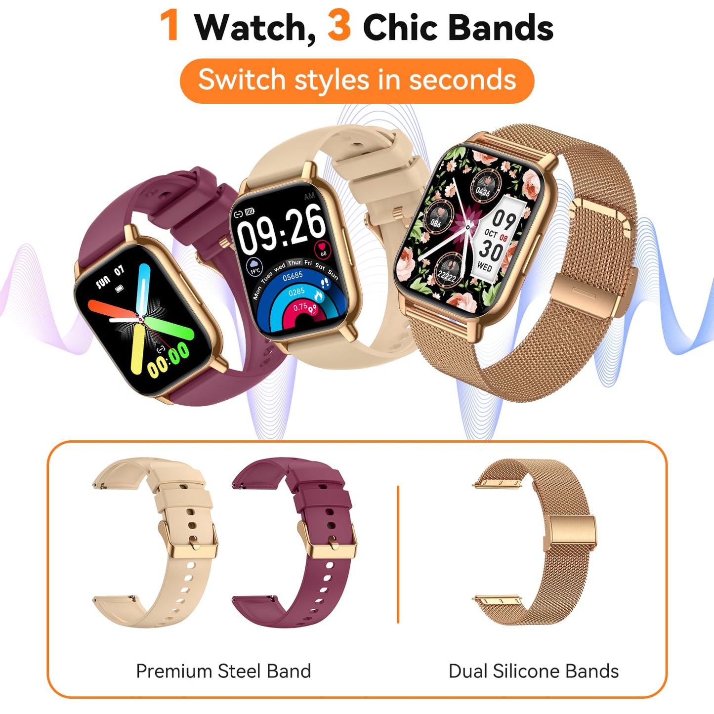 Kriutefy Smart Watch for Women (3 Bands), Fitness Tracker with Bluetooth Calls, IPX8 Waterproof Smartwatch for Android iPhone, 112+ Sport Modes, Heart Rate/Sleep/SpO2 Monitor, Gold