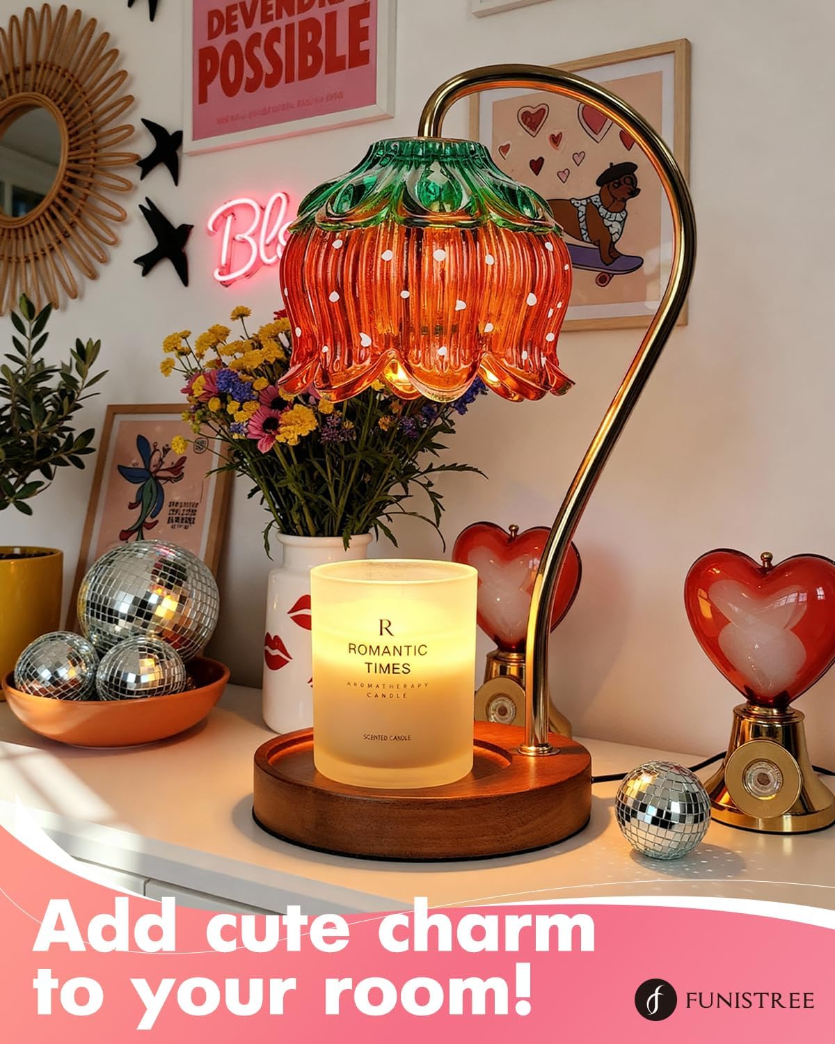 Funistree Strawberry Candle Warmer Lamp, Cute Candle Lamp with Timer & Dimmable, Mothers Day Birthday Gifts for Women Mom, House Warming Gift New Home, Wax Melt Warmer for Yankee Village Candles