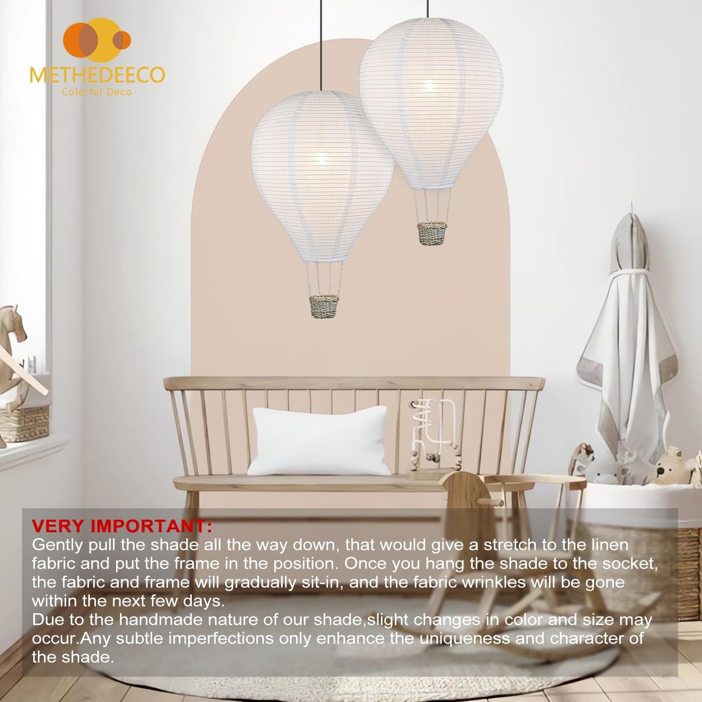 METHEDEECO 2PCS Hot Air Balloon Lamp Shades, 14" x 21.5" Handmade Faux Linen Decorative Shade for Nursery Hanging Ceiling Decor for Baby Room Kids Room Playroom, White Decorative Pendant Shades Only