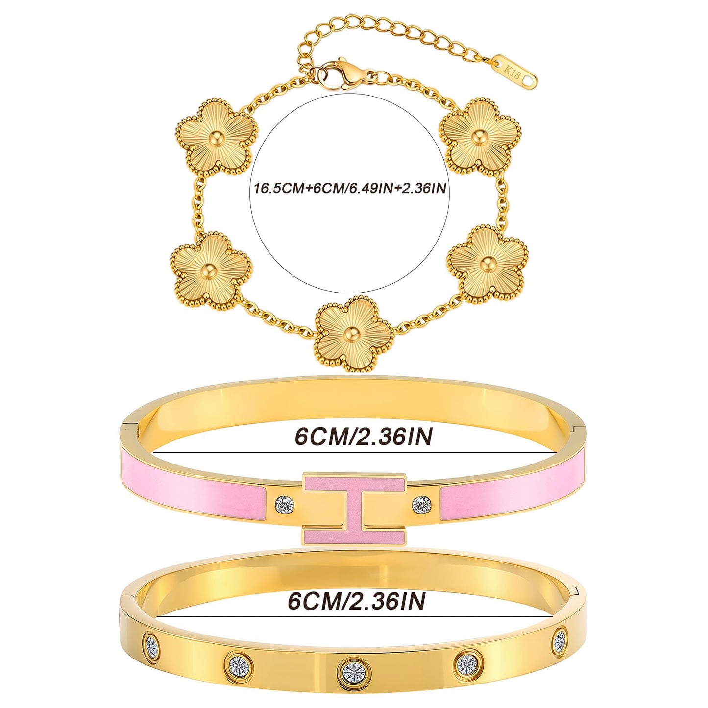 Camhanno Gold Clover Bracelets for Women - 18K Gold Plated Stainless Steel Dainty H Bangle Bracelets| Daily & Party Wear Jewelry, Easter Christmas Mothers Day Gifts