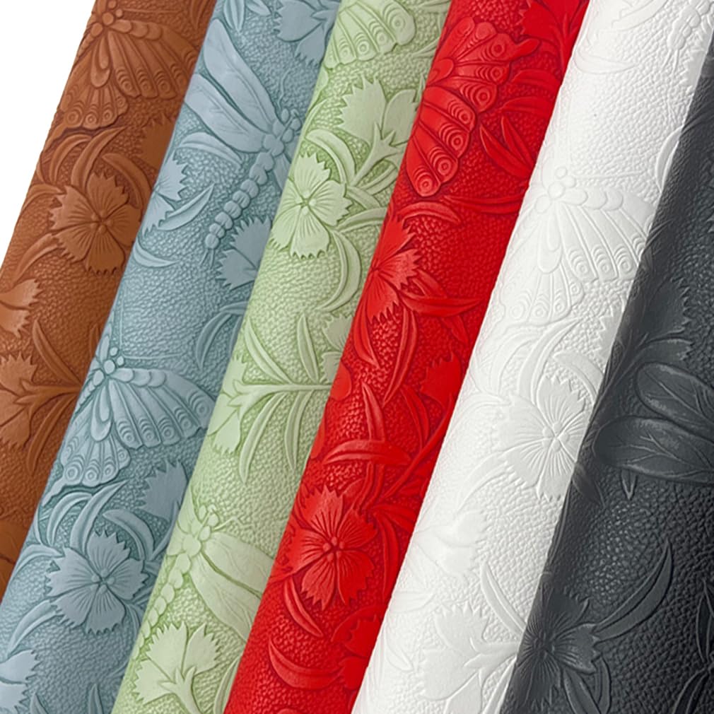 Embossed Faux Leather Sheets for Earrings Purses Making, 12 x 54 inch (32x137cm) Dragonfly Butterfly Flower Faux Leather for DIY Crafts Sewing Supplies (Light Green)