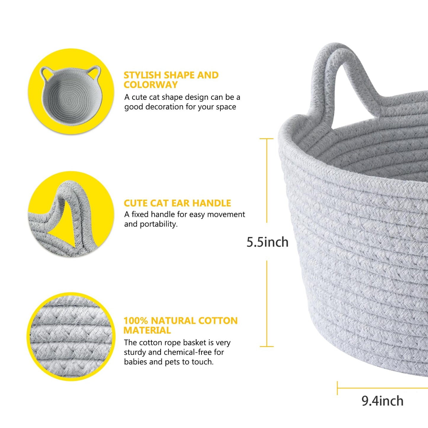 Cafshion Small Cat Ears Toy Organizer, Woven Cotton Rope Basket, Decorative Nursery Bins & Boxes Gift Basket Empty for Baby Pet Toy Storage