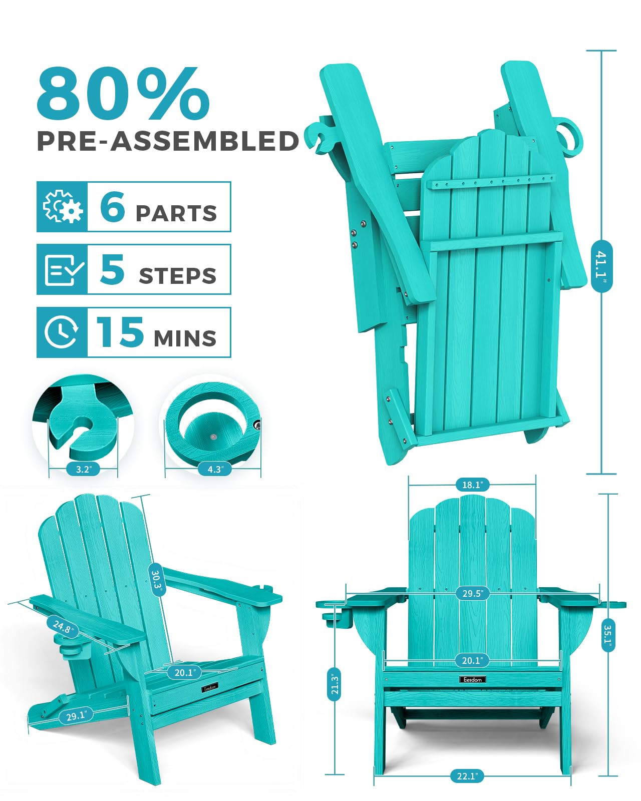 Eesdom Folding Adirondack Chair, HDPE Adirondack Chair with 2 Cup Holders, Pre-Assembled Outdoor Fire Pit Chairs for Patio, Garden, Poolside, Lakeblue