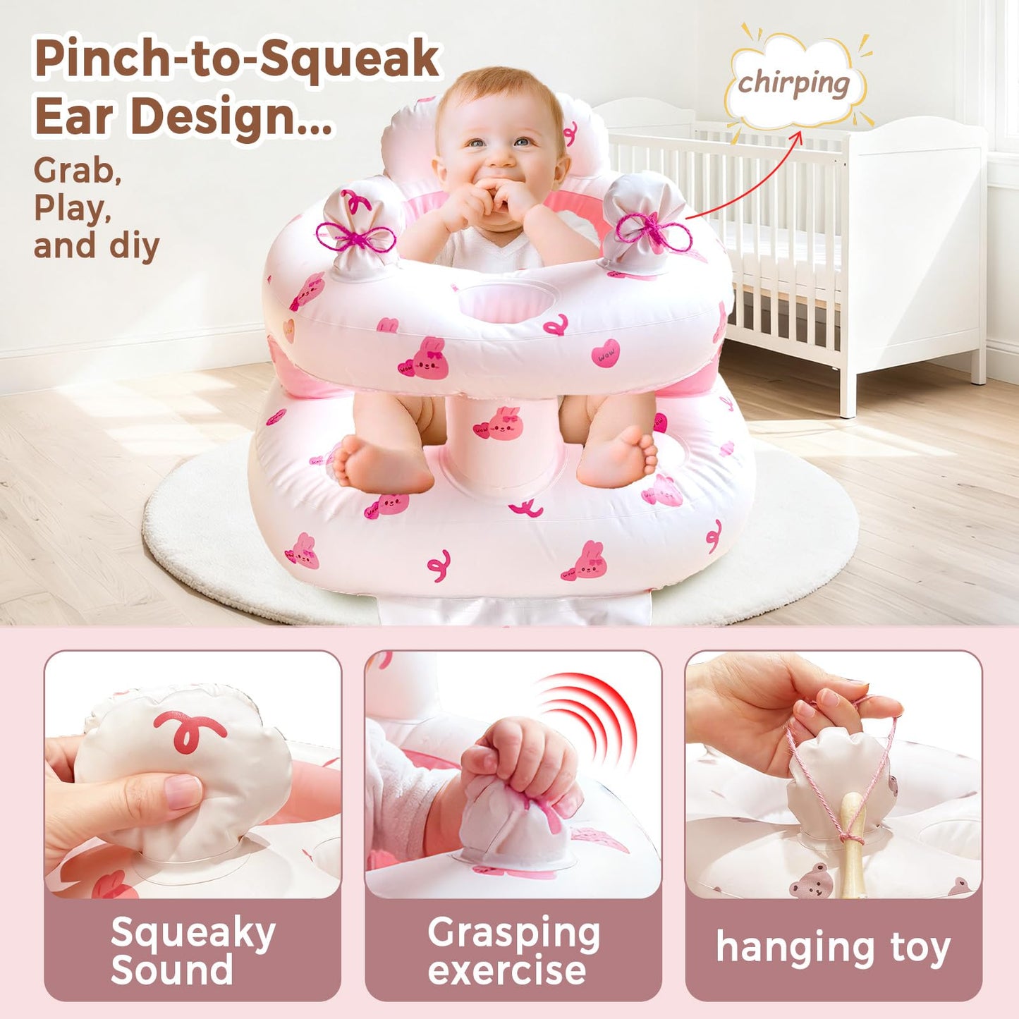 Inflatable Baby Seat for Babies 3-36 Months，[Squeaky Sound & Anti-Fall Design] Inflatable Chair with Sound-Making Ears, Baby Seat for Sitting-Up Practice, Built-in Air Pump (Pink Bunny)