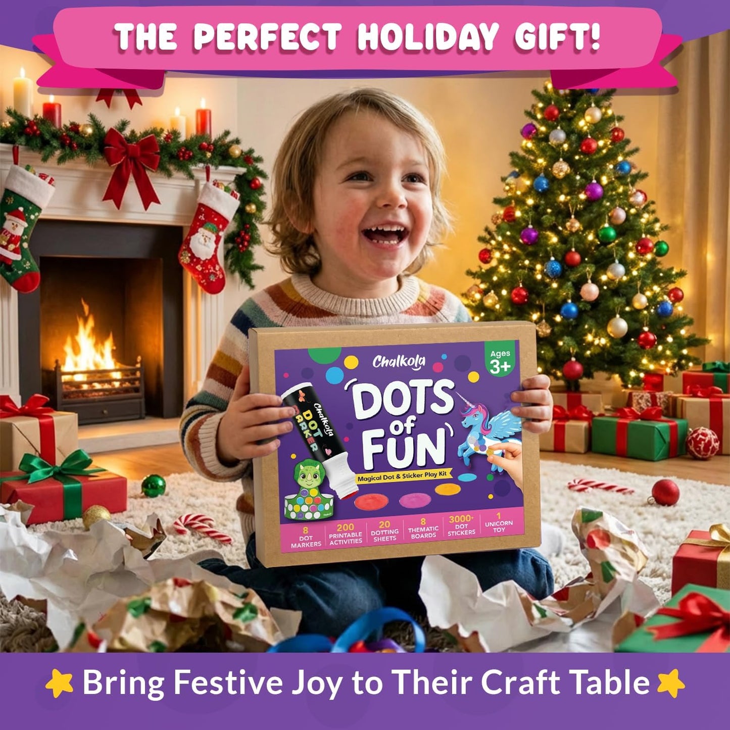 Chalkola Dots of Fun - 8 Washable Dot Markers + Dot Art Sticker Activity Kit | Toddler Art & Craft Supplies for Kids, Stocking Stuffers, Gifts for Boys & Girls Ages 3, 4, 5, 6, 7 Year Old