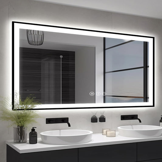 EchosLife 60x30 Large LED Bathroom Vanity Mirror -Black Aluminum Framed (Front and Backlit),Anti-Fog Illuminated Bathroom Mirror,Stepless 3 Colors Dimmable LED Smart Mirror(Horizontal/Vertical)