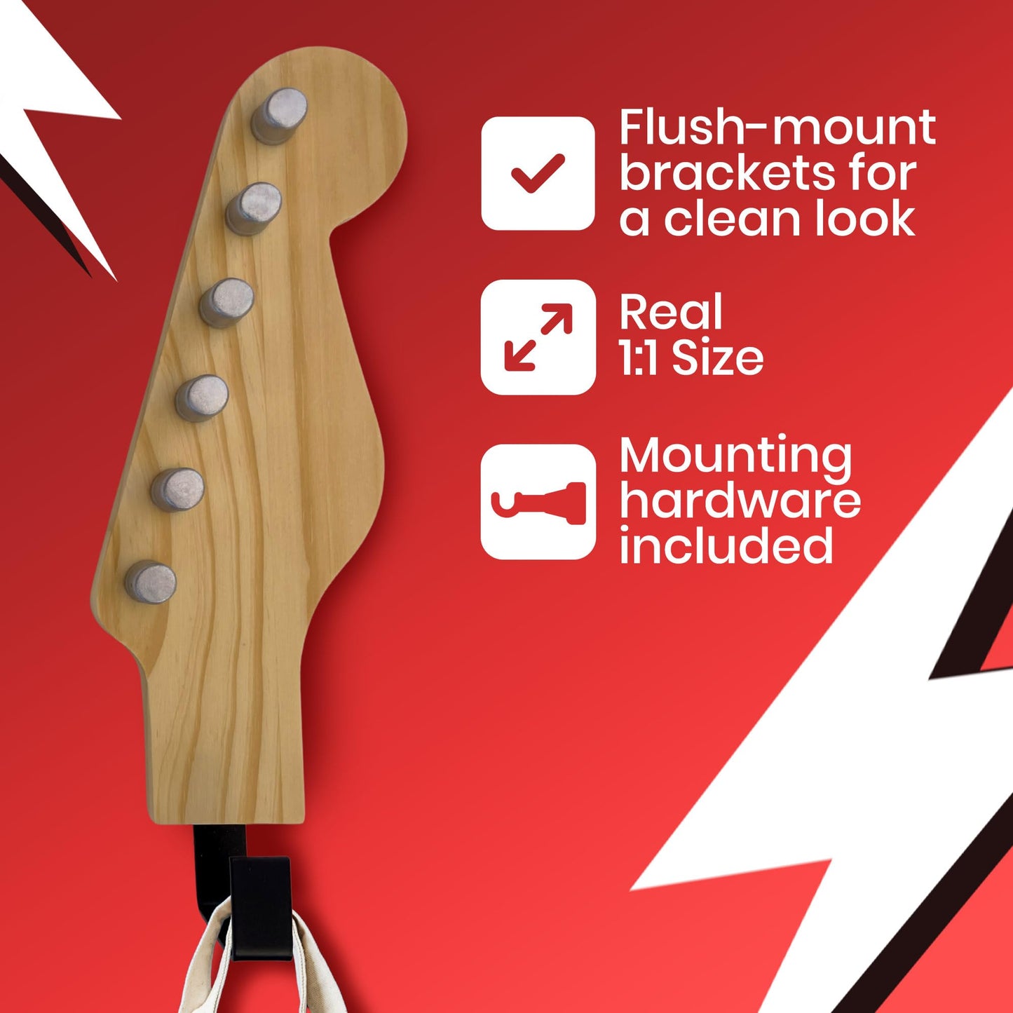 Rise8 Studios Headstock Hangers (Set of 3) | Real Wood 1:1 Scale Guitar Headstock Wall Hooks | Heavy Duty Decorative Coat Rack for Musicians, Home & Music Room Decor | Holds up to 20 lbs