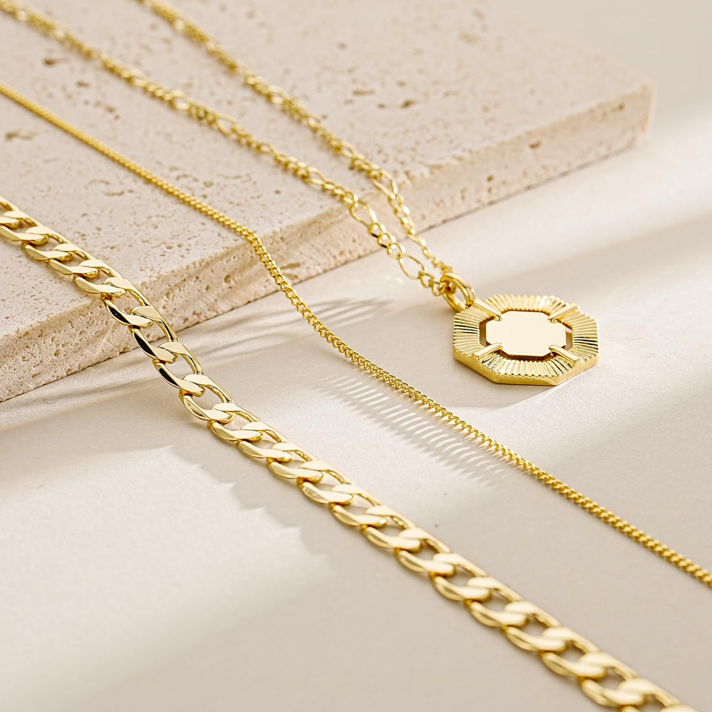 YOIHUR Layered Gold Necklaces for Women,14K Gold Plated Cuban Chain Trendy Layering Hexagonal Pendant Choker Necklace Set Jewelry for Women