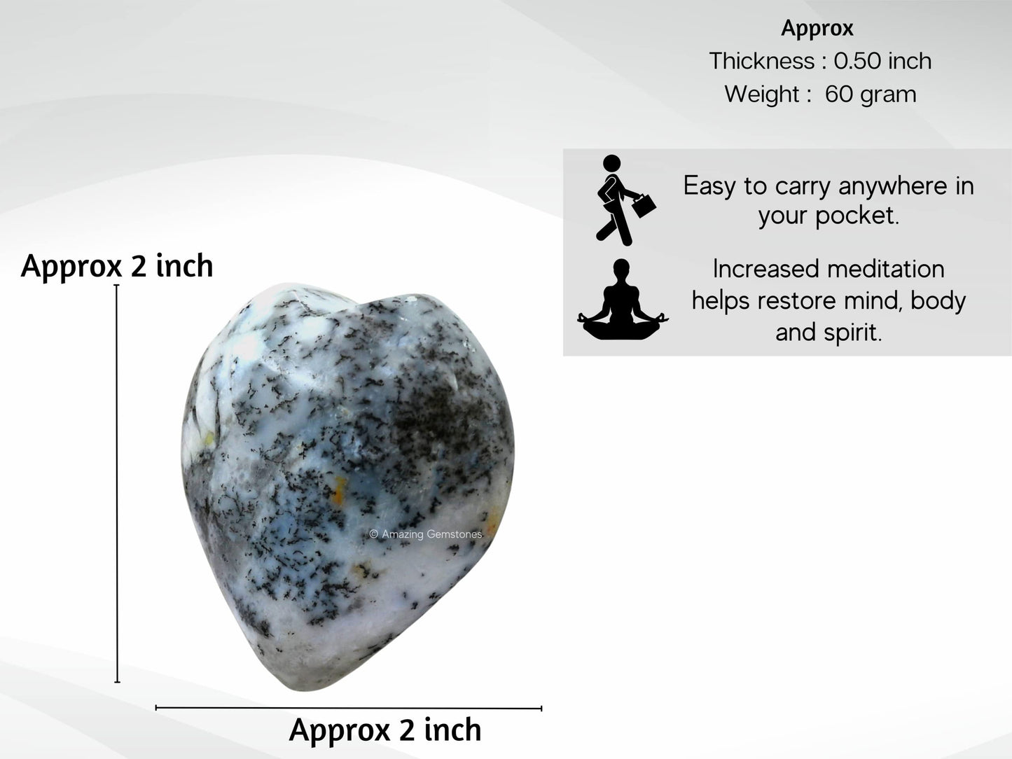 Amazing Gemstone Dendrit Opal Crystal Heart Palm Stone - Pocket Massage Worry Stone for Natural Body Chakra Balancing, Reiki Healing and Crystal Grid