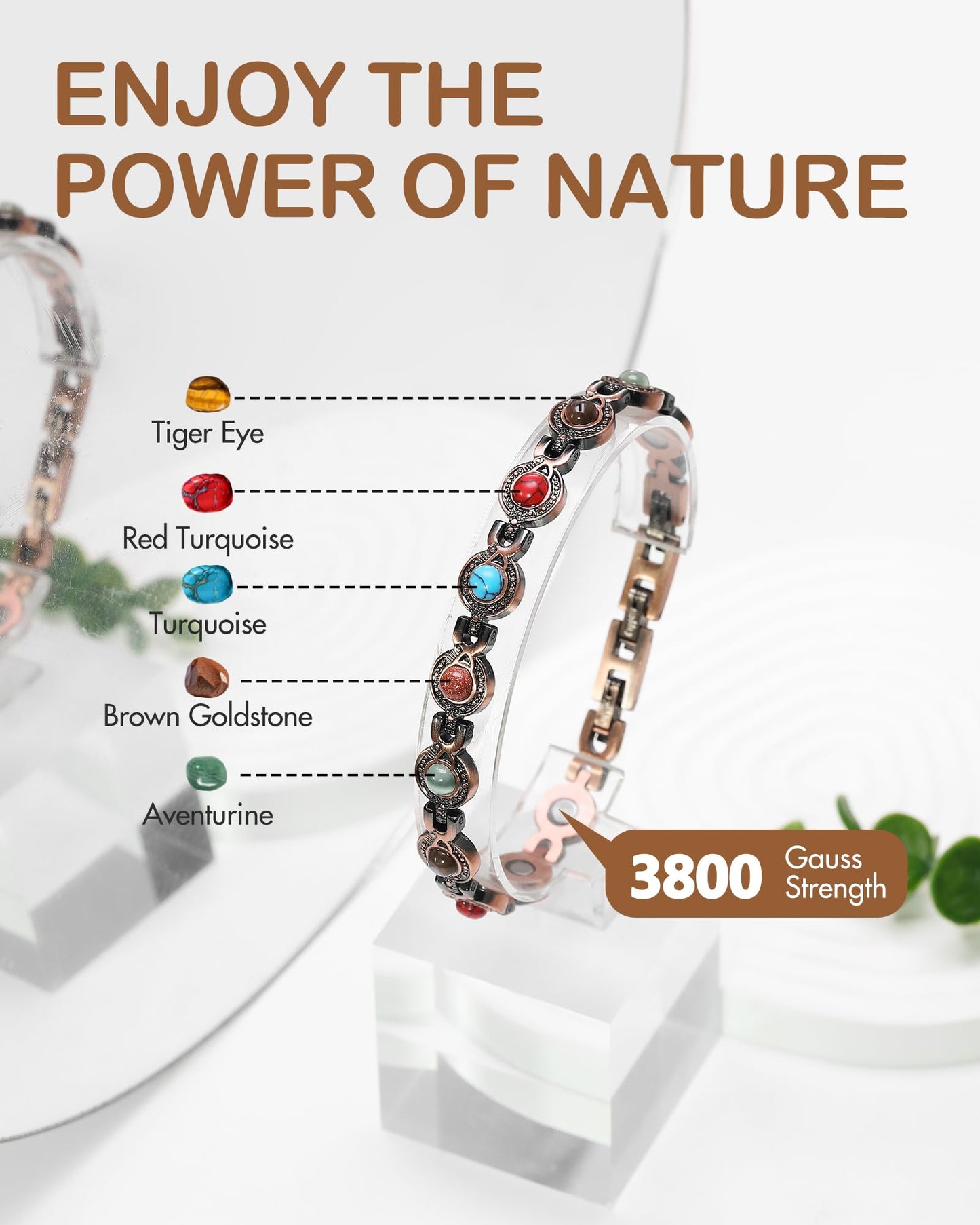 Feraco Copper Necklace & Bracelet for Women, 99.99% Pure Copper Magnetic Chains with 3500 Gauss Ultra Strength Neodymium Magnets & Sparkling Cubic Zirconia, Adjustable CloverJewelry Gift