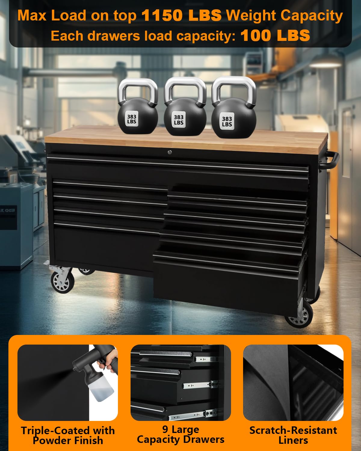 61-Inch Heavy-Duty Rolling Tool Chest & Mobile Workbench with 9 Drawers, Rubber Wood Tabletop, Key Locking System and Drawer Liners, Steel Storage Cabinet for Garage, Workshop, Warehouse Repair
