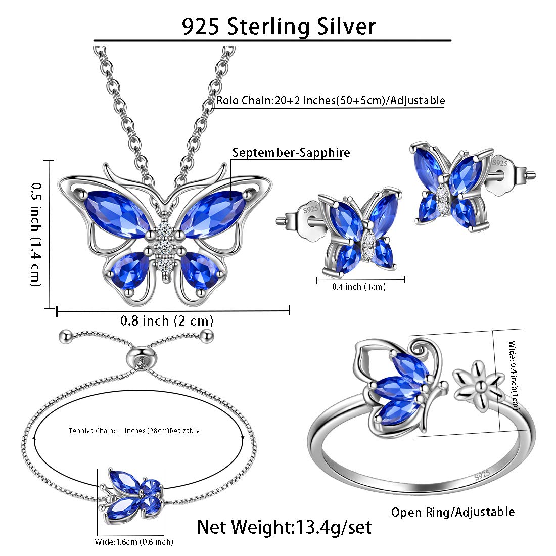 Hipunk Butterfly Blue Jewelry Sets Birthstone Women 925 Sterling Silver September-Sapphire Birth Stone Animal Butterflies Jewelry Sets/Earring/Ring/Bracelet Set Crystal Birthday Jewelry SS0003S