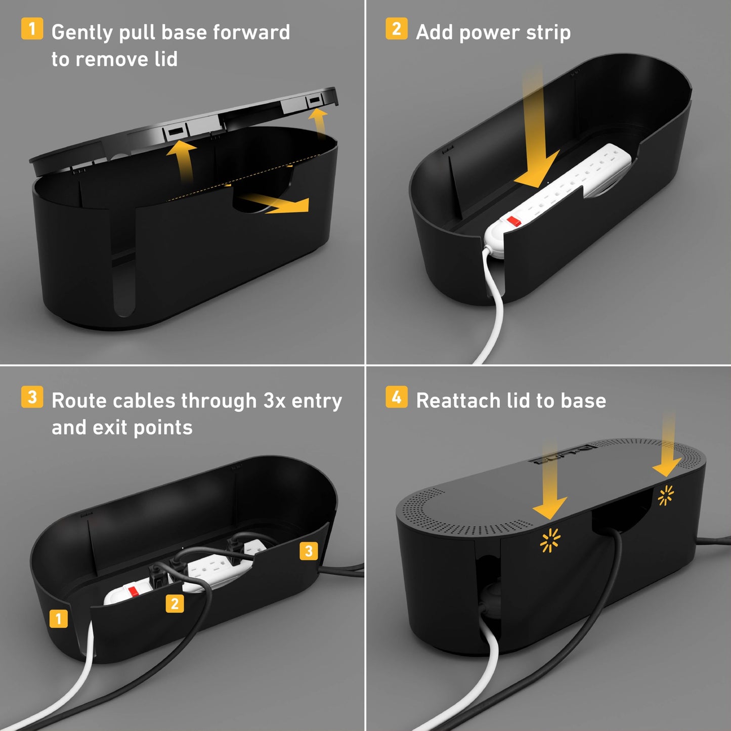 D-Line Cable Management Box, Power Strip Cover, Floor Outlet Hider, Desk Cord Organizer, Hide Extension Leads, 12.75" (L) x 5" (W) x 4.5" (H), for use with Power Strips up to 10.5in (L) - Small, Black