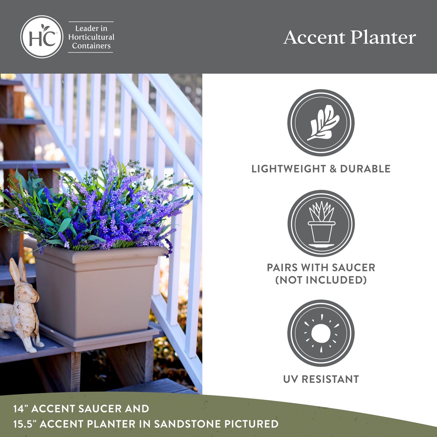 The HC Companies 15.5 Inch Accent Square Plant Pots with Drainage, Lightweight UV-Resistant Plastic Planters for Indoor & Outdoor Plants, 2-Pack Flower Pots for Garden, Office & Home Decor, Chocolate