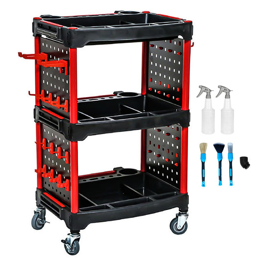 AstraLoom Heavy-Duty Car Detailing Cart for Garage & Workshop – 3-Tier Auto Tool Cart with 4 Tool Boards, 32 Hooks, Lockable Wheels & 440 lbs Capacity
