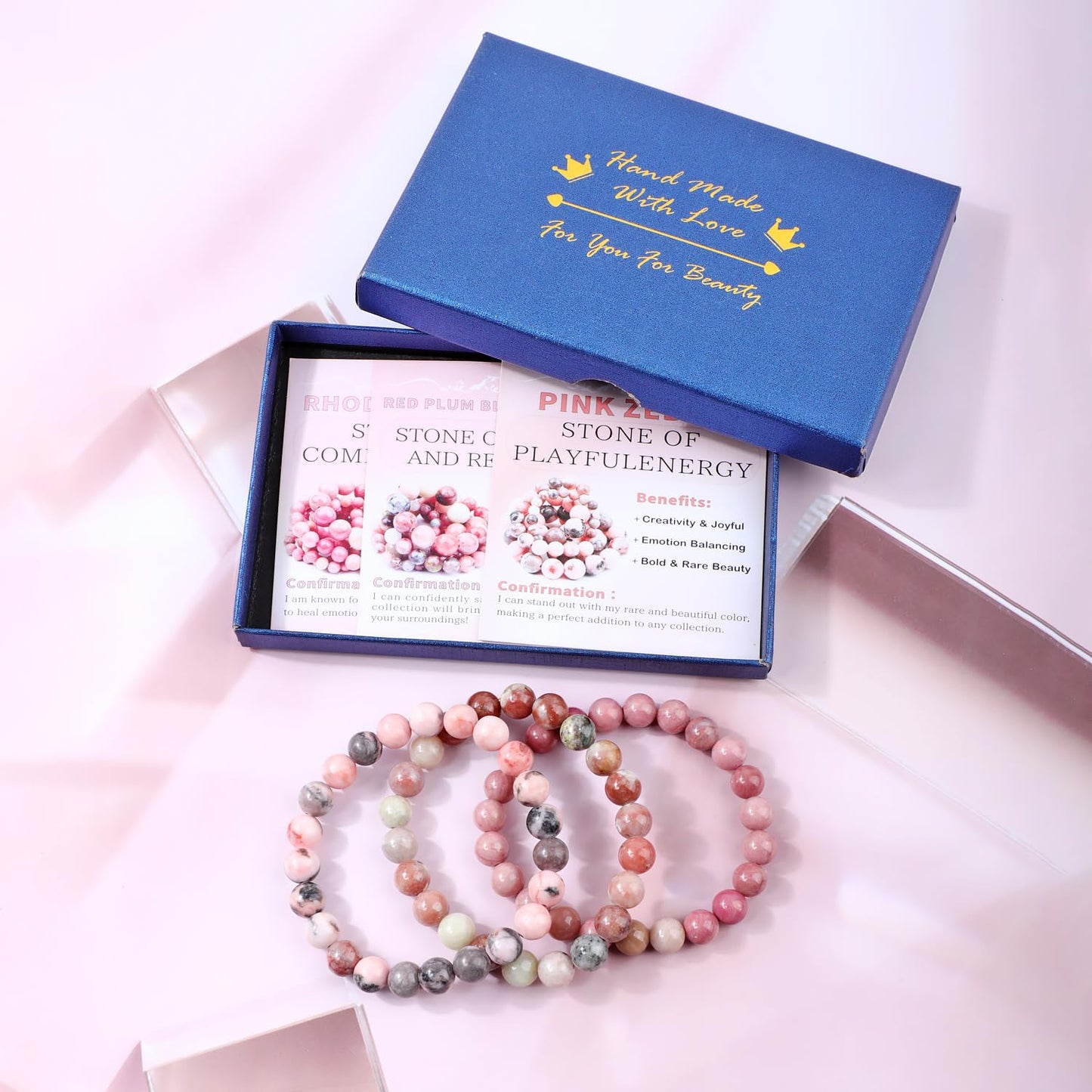 NCB 3-Piece 8mm Natural Crystal Gemstone Stretch Bracelets – ﻿Pink Zebra, Red Jasper, Red Plum Blossom Stone Handmade Reiki Energy Healing Jewelry for Meditation,Yoga, Unisex