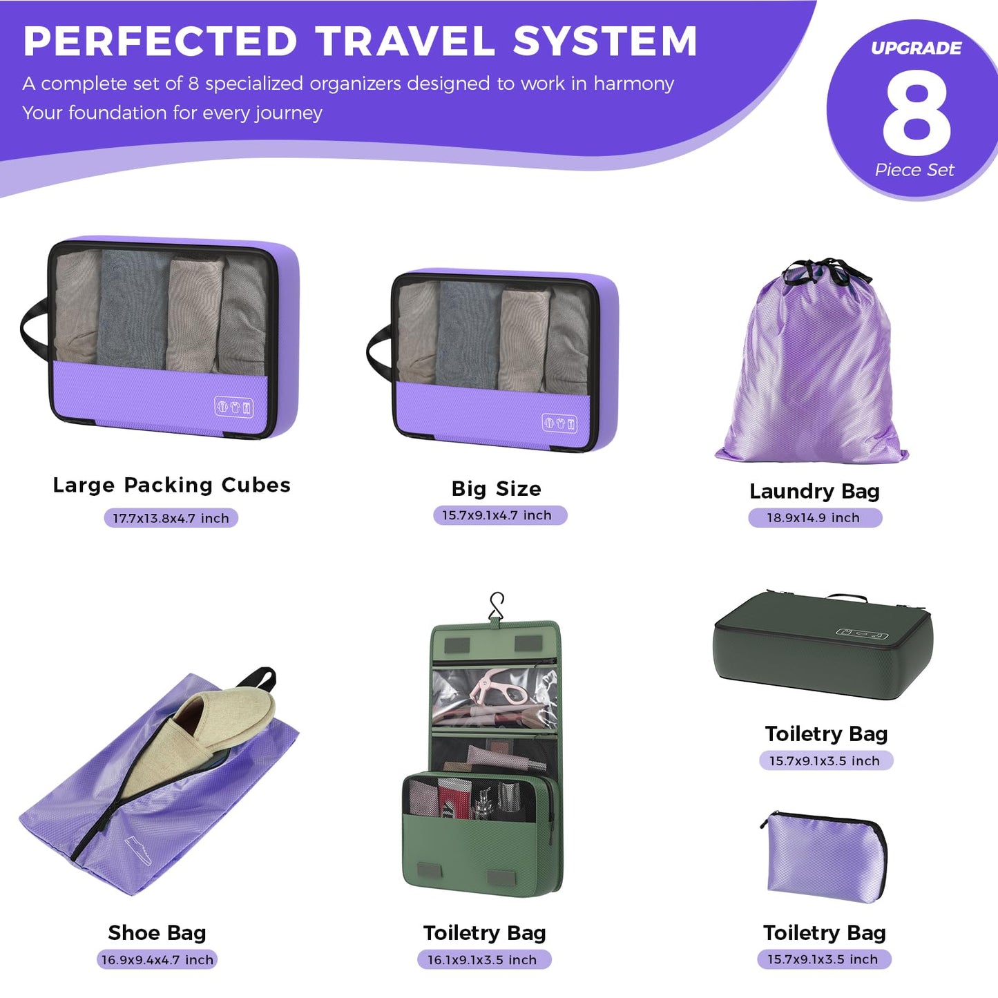 8-Piece Compression Packing Cubes for Travel, Elegant Ultralight Luggage Organizer Set for Women, Space Saving for Carry-On, Suitcase & Vacation Cruise Travel - Purple