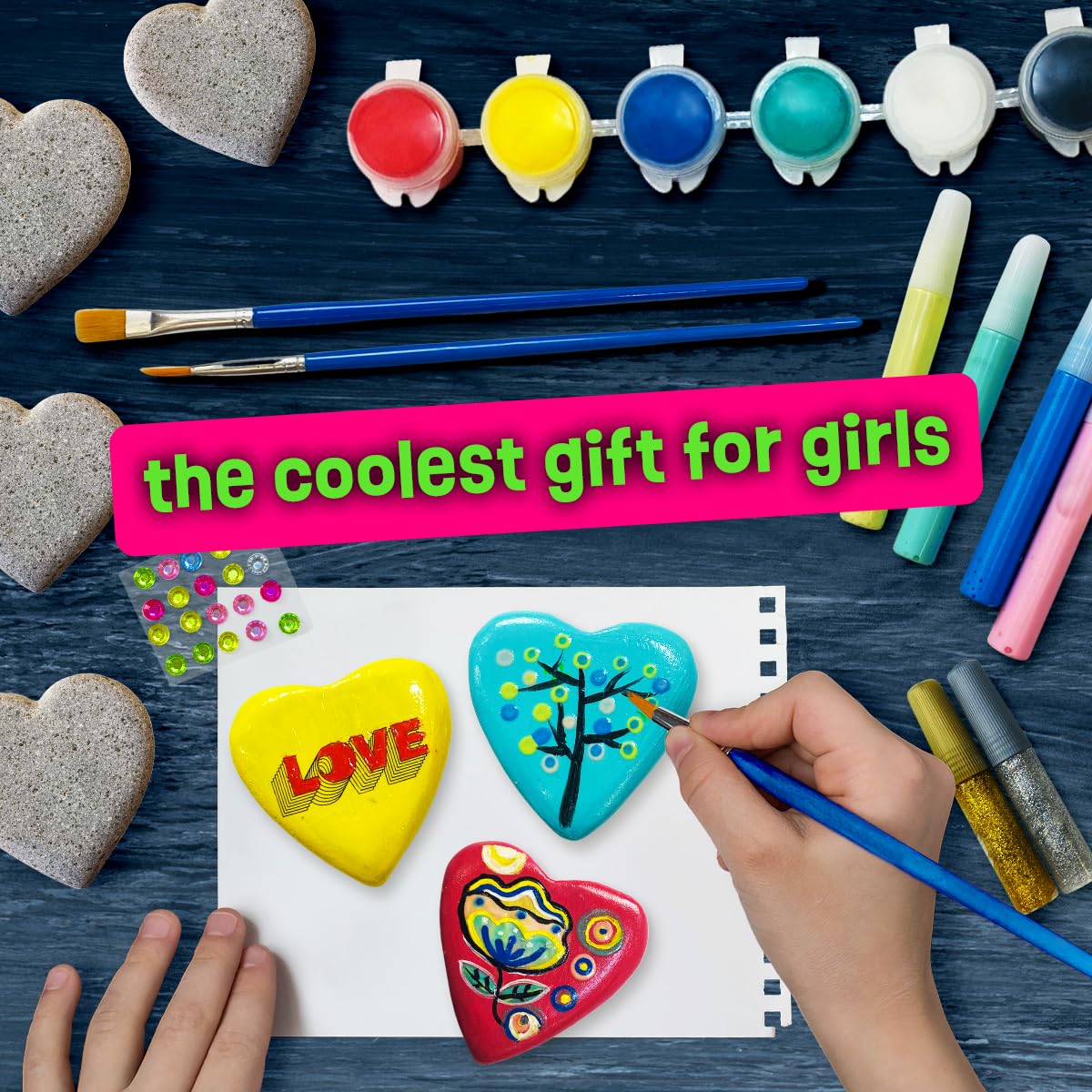 Hearts Rock Painting Kit for Kids Girls - Glow in Dark Art Supplies Ages 4-12 - Complete STEM Craft Set with Puffy Paint Stickers Gems Paints - Educational Birthday Easter Gifts Art Toys for Girl