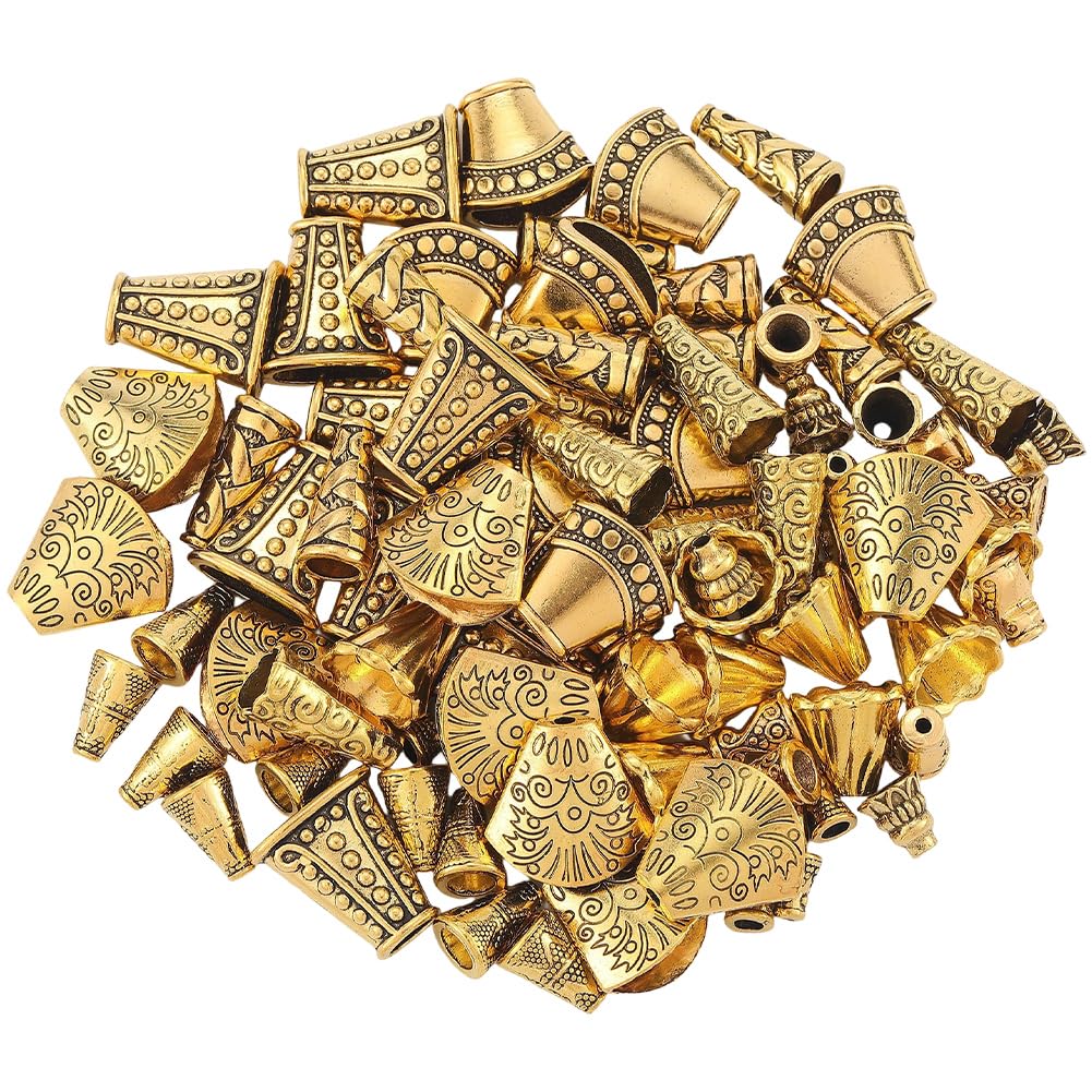SOFPLATE 1 Box 100Pcs 10 Styles Golden Bead Caps Flower End Caps Alloy Tibetan Style Antique Gold Beading Tassel Spacer Ends for Jewelry Making Findings Necklaces Bracelets Earrings DIY Craft Supplies