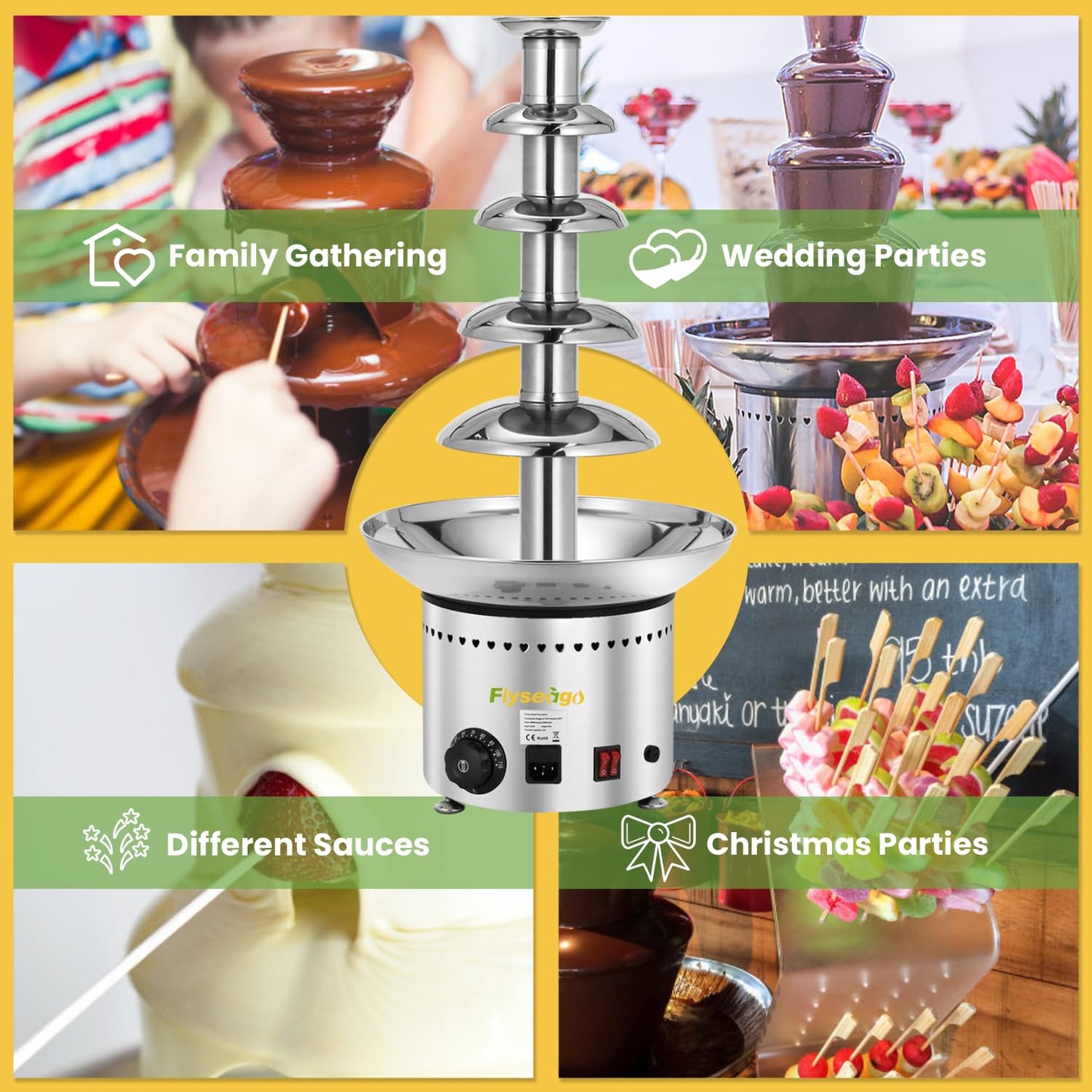 Flyseago Commercial Chocolate Fountain 5 Tiers 13.2 Lbs Nacho Cheese Fountain Stainless Steel Hot Fondue Fountain Machine for Bakery, Party, Gathering, Wedding, Rental, Knob Control