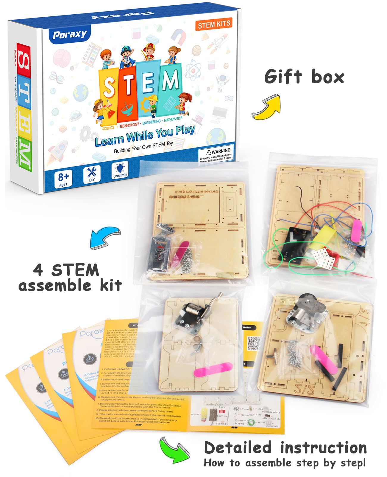 Poraxy 4 Set STEM Kits for Kids Ages 8-10 10-12, Toys for Ages 8-13, Music Box, Robot 3D Puzzle Educational Science Building Projects Crafts, Birthday Gifts for Boys Girls 7 8 9 10 11 12 13 Year Old